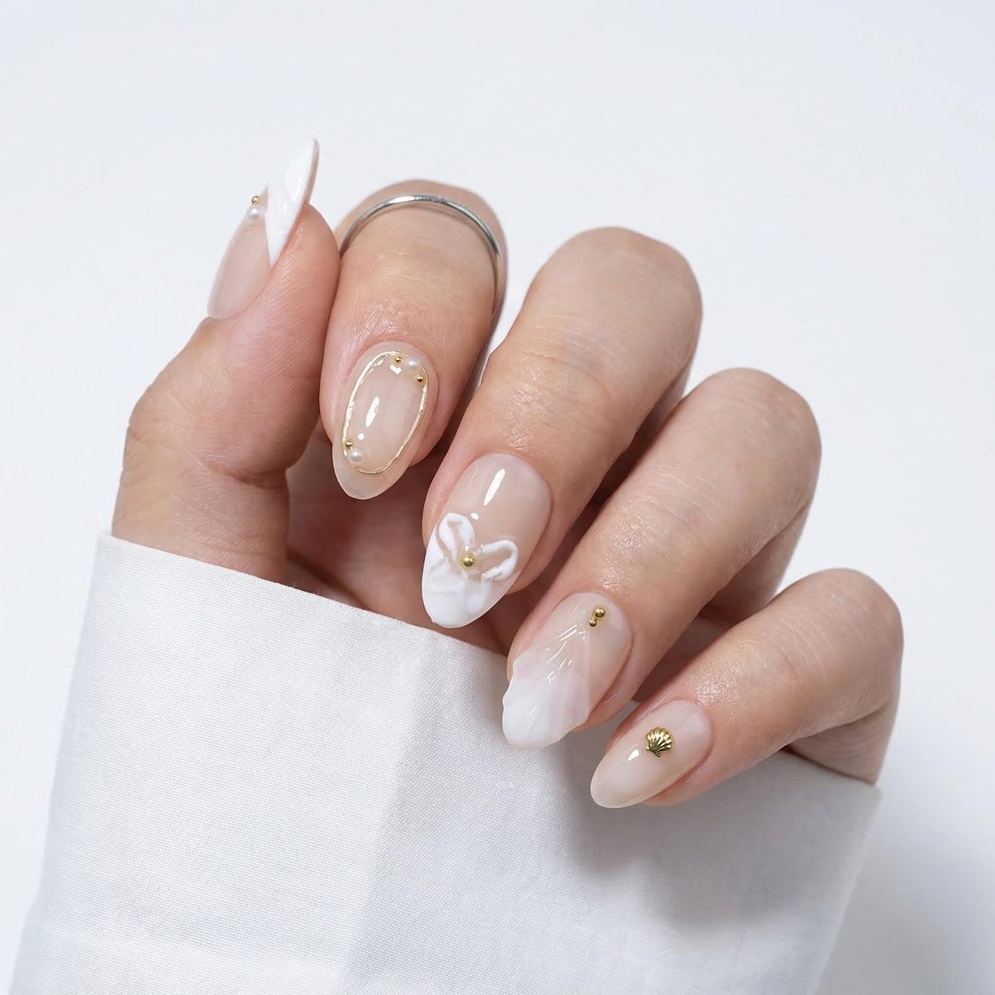 10 Pcs Short Almond Handmade Press On Nails | Nude French Tip with 3D Butterfly Floral Wave & Gold Pearl Shell Accents | Reusable, Easy to Apply & Remove, Salon-Quality Manicure (RR12, S)