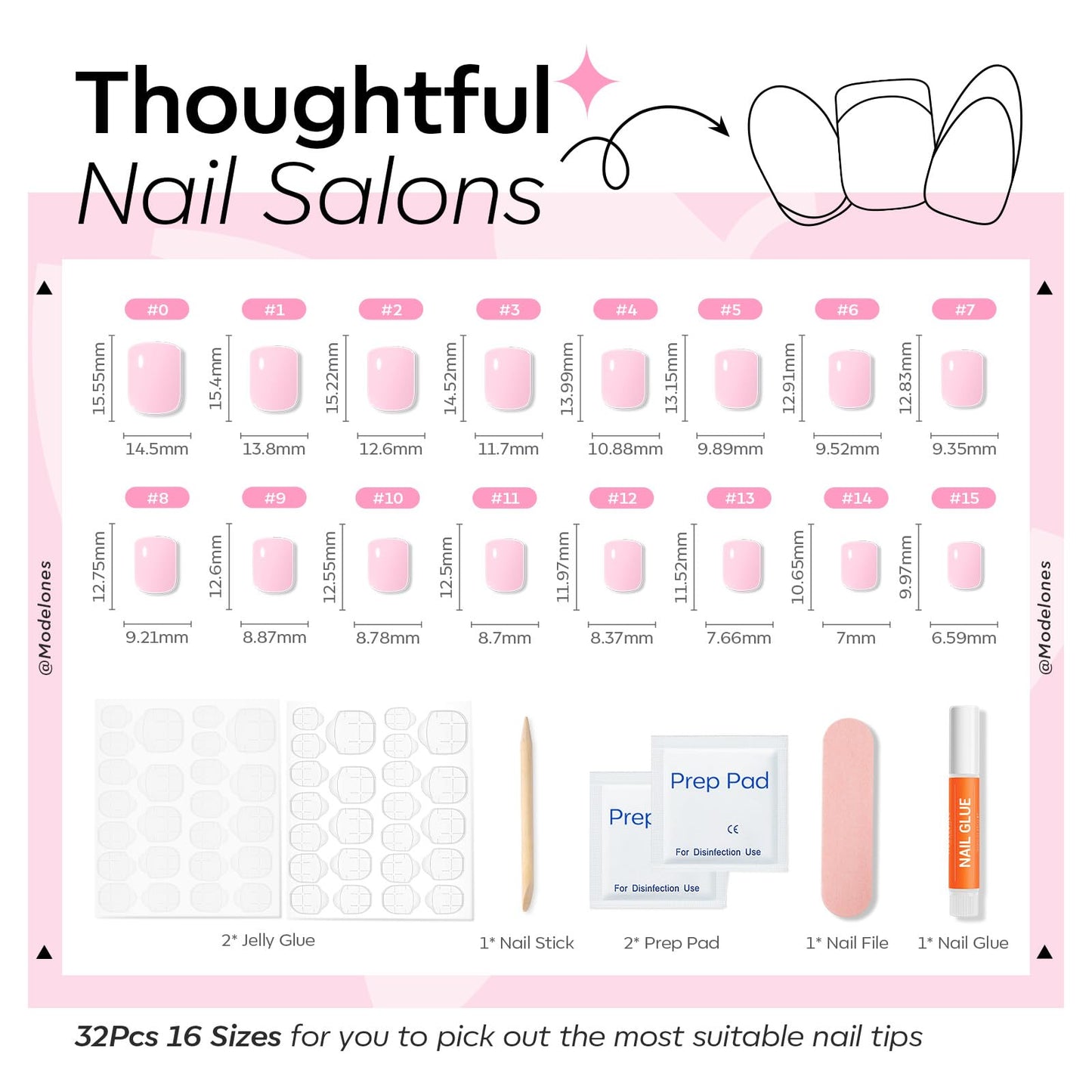 Modelones Extra Short Press on Nails, Baby Pink Squoval Fake Nails, Reusable Nail Kit with Nail Glue Adhesive Tabs Mini Nail File, Nails Press Ons 32Pcs 16 Sizes, Spring Women Girl Gift