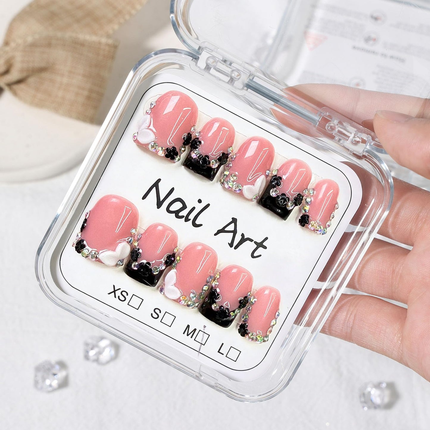10 Pcs Handmade Press on Nails Short Square Fake Nails with 3D Flower Rhinestones Charms Design Black French Tip Pink False Nails Acrylic M Size Press Ons Nails Square for Women
