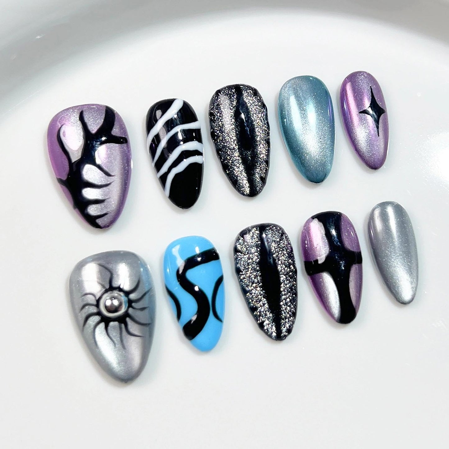 Handmade 3D Dark Mystic Oval Press On Nails, Multi-Color Stream Star Artisan Nails Set, Reusable Glossy Press-ons with Tool Kit(S)