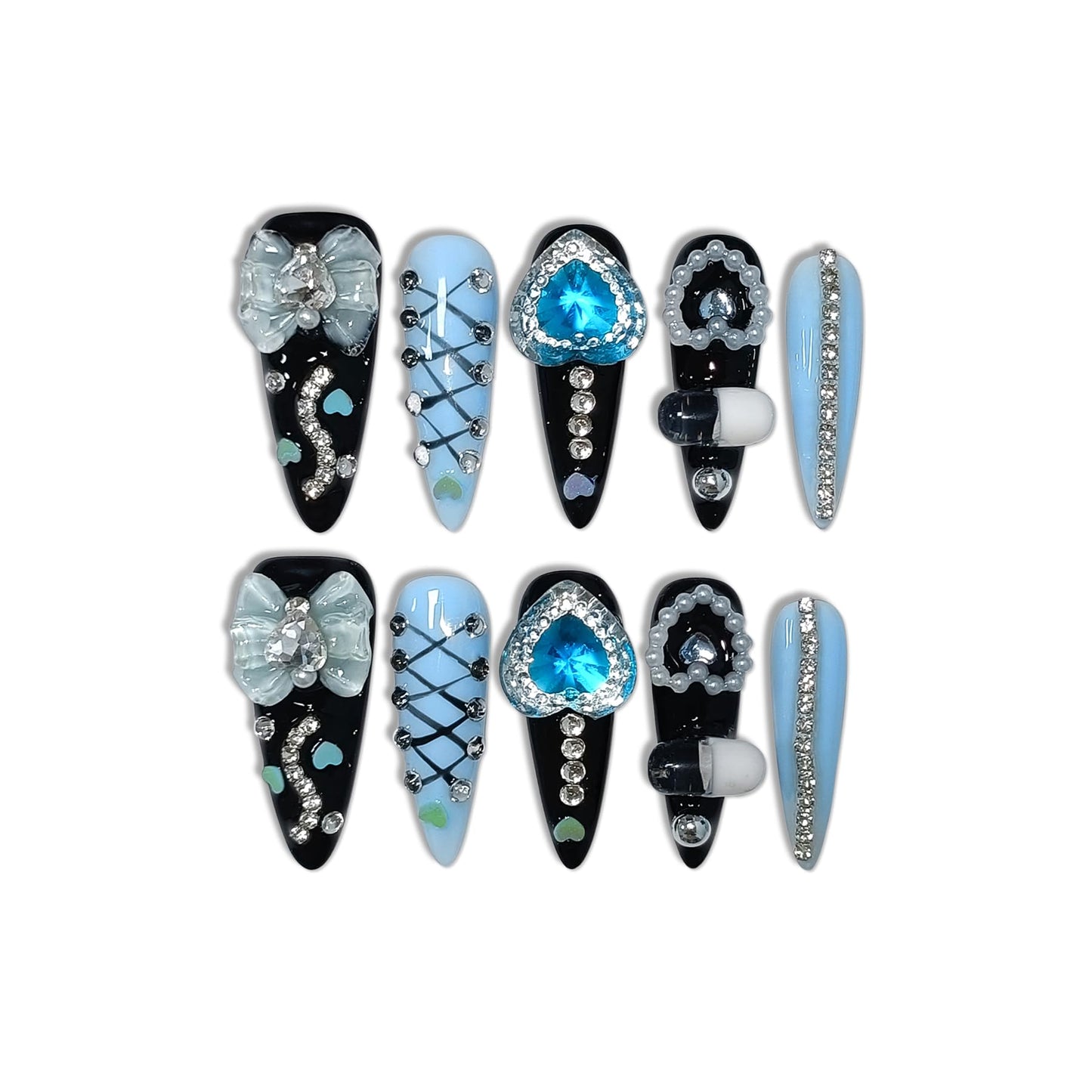 TENPAL 10Pcs Gothic Press On Nails Long Stiletto,Baroque Cameo & Floral Lace French Tip Glue on Nails with 3D Charms,Victorian Gothic Nails w/Tools,Glossy Dark Romantic Fake Nails for Party Event(S)