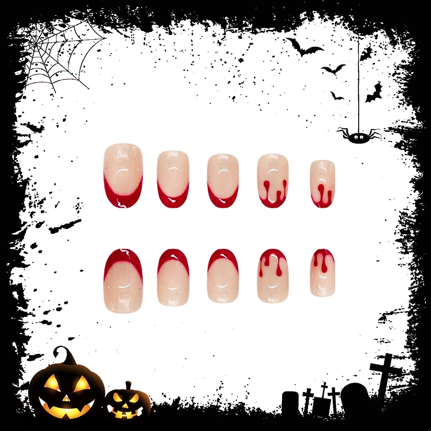 Halloween Press on Nails Red French Tip Almond Fake Nails with Terror Blood Designs Holiday Press on Nails Glossy Nude Artificial Nails for Women Halloween Manicure Supplies 24Pcs