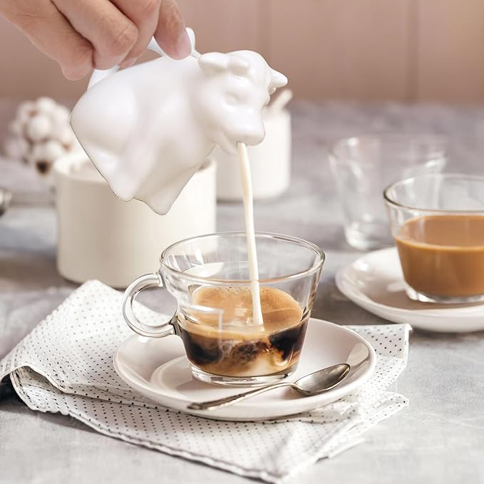 HIC Kitchen Mini Cow Creamer With Handle, Fine Porcelain, 2-Ounce, For Serving Milk, Cream, Syrup, Dressings, And Sauces, Set of 2