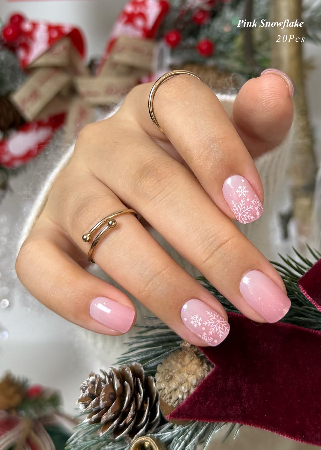 AutyaMee Semi Cured Gel Nail Strips (Pink Snowflake), 20 Pcs Christmas Gel Nail Wraps, Stickers, Salon Quality, Long Lasting, Works with Any UV Lamps