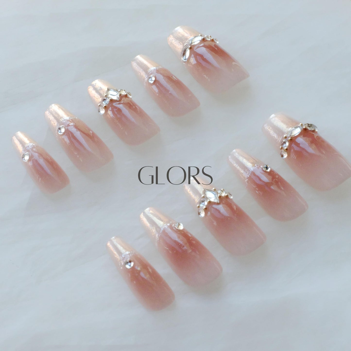 GLORS Long Ballerina Press-on Nails, Pink French Style with Rhinestones, Coffin Shape, Handmade False Nail 10 Pieces (Large,LB)