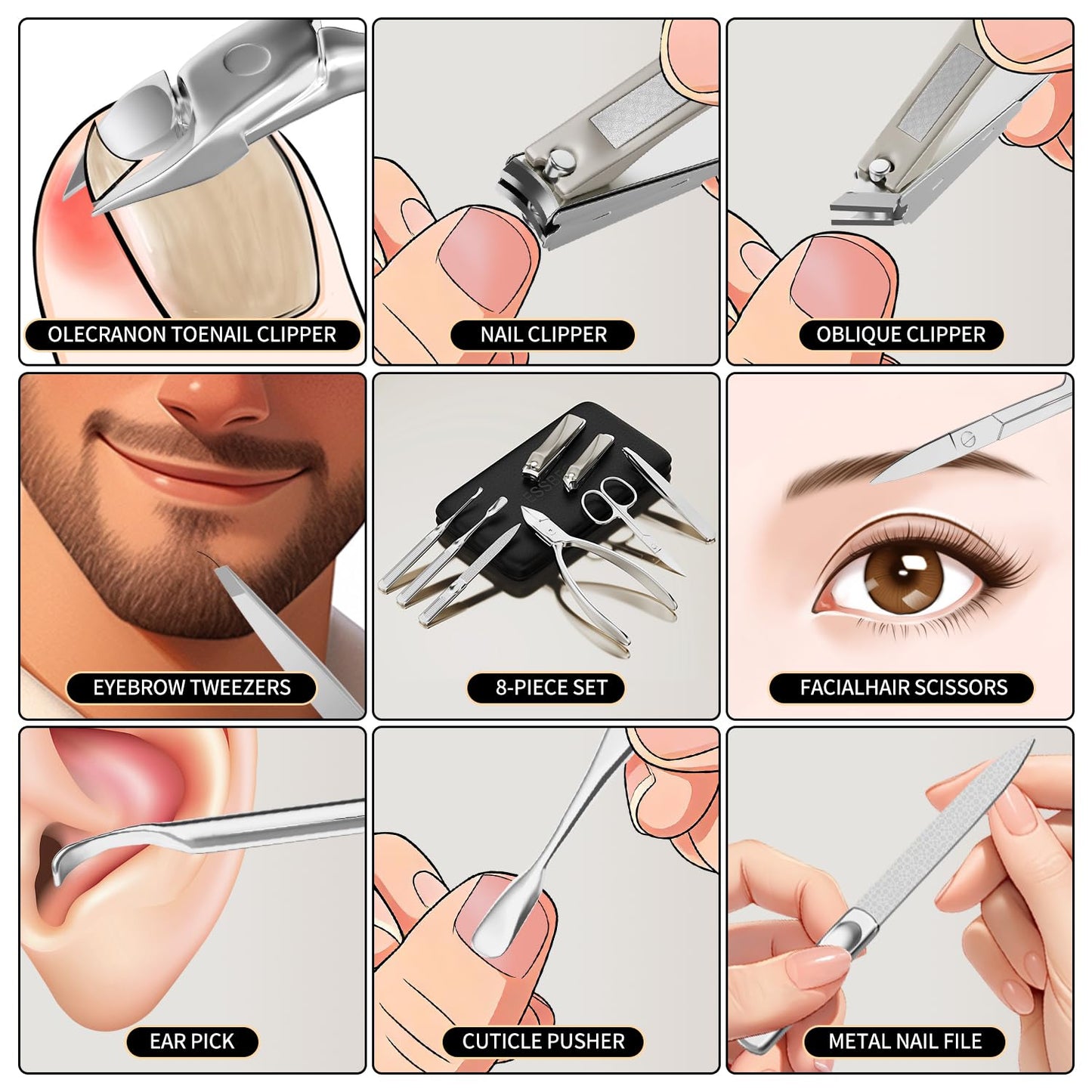 ESSBES Precision Nail Grooming Manicure Sets Pedicure Kits Stainless Steel Nail Clipper Personal Care Tools with PU Leather Case