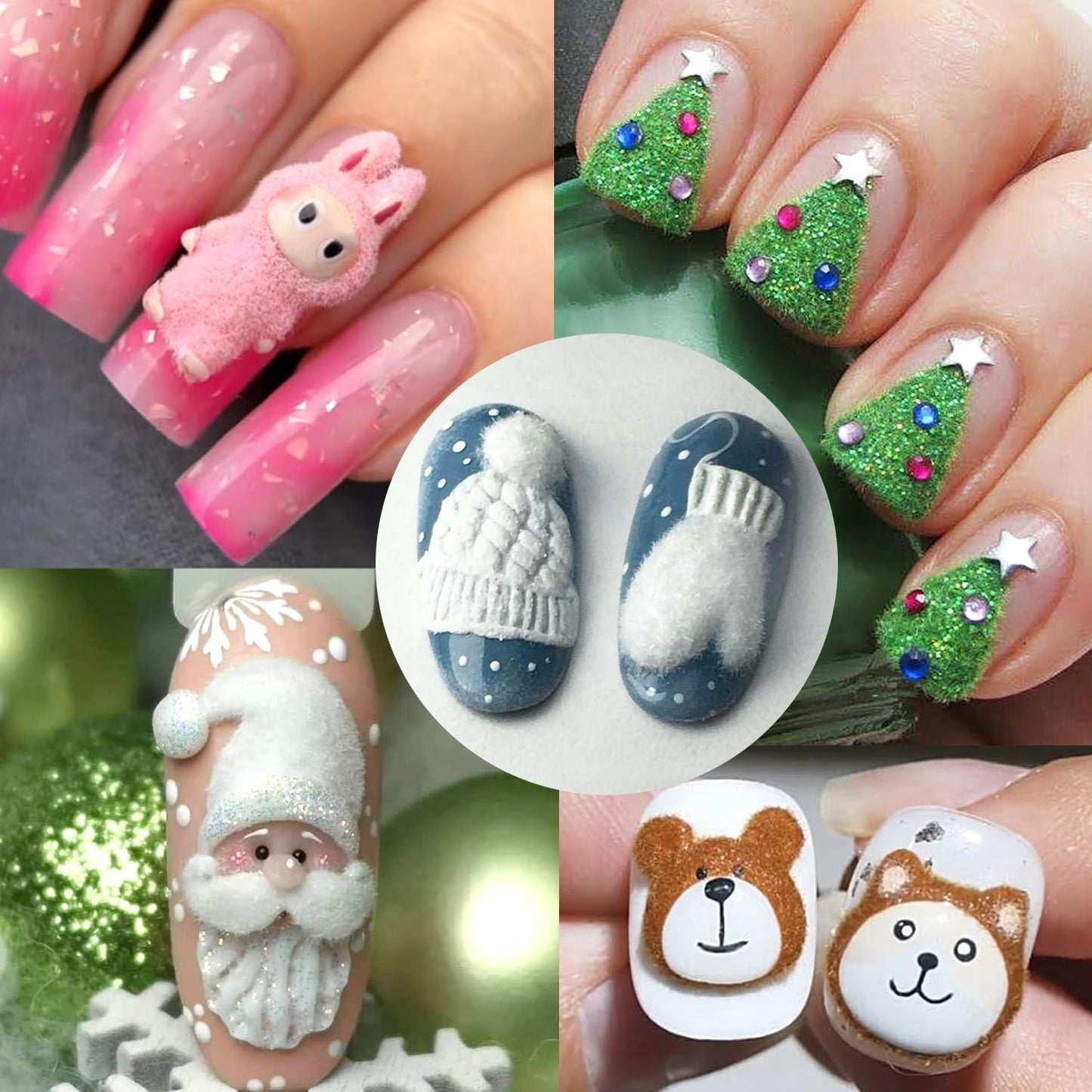 Furtherpretty Nail Flocking Powder Set, 6 Colors Velvet Powder for Nails, Red, Pink, Green, Yellow, White Flocking Fibers for Christmas Nail Art & DIY Crafts, Manicure Salon Supplies with Brushes