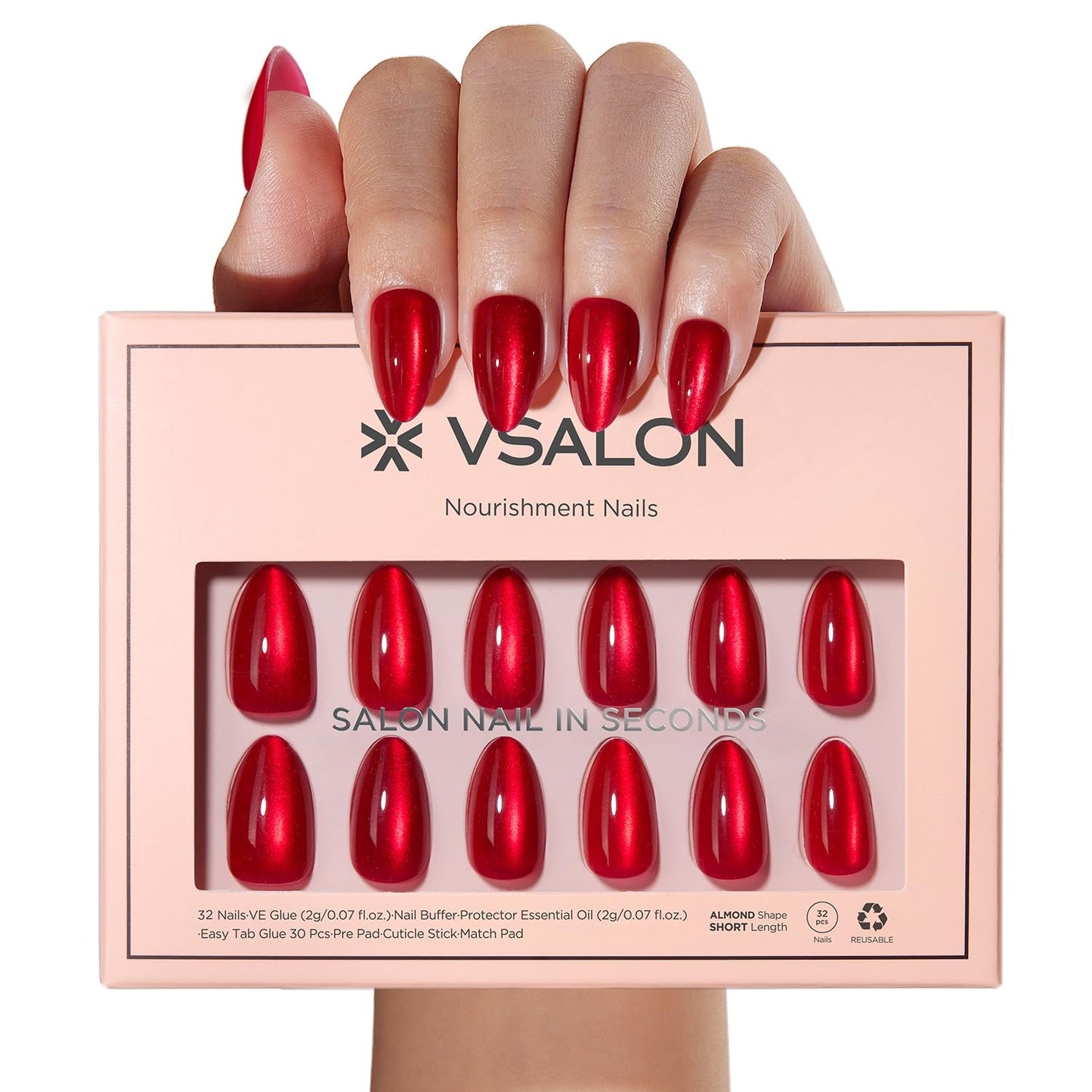 VSALON Short Almond Press on Nails - Red Cat Eye Glossy Fake Nails, Reusable Spring Summer Bright Red Opaque Salon Quality Gel Glue on Nails Kit with Cuticle Oil - 32 PCS Stick on Nails in 16 Sizes