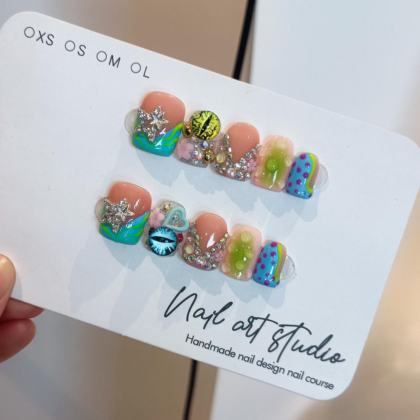 TENPAL V-Shape French Tips Square Nails,Acrylic Press on Nails with 10pcs Kit,Sweet Edgy Y2K Hand-Painted Art False Nails,Neon Yellow-Green Fake Nails with 3D Stars, Hearts, Rhinestones Flowers(L)