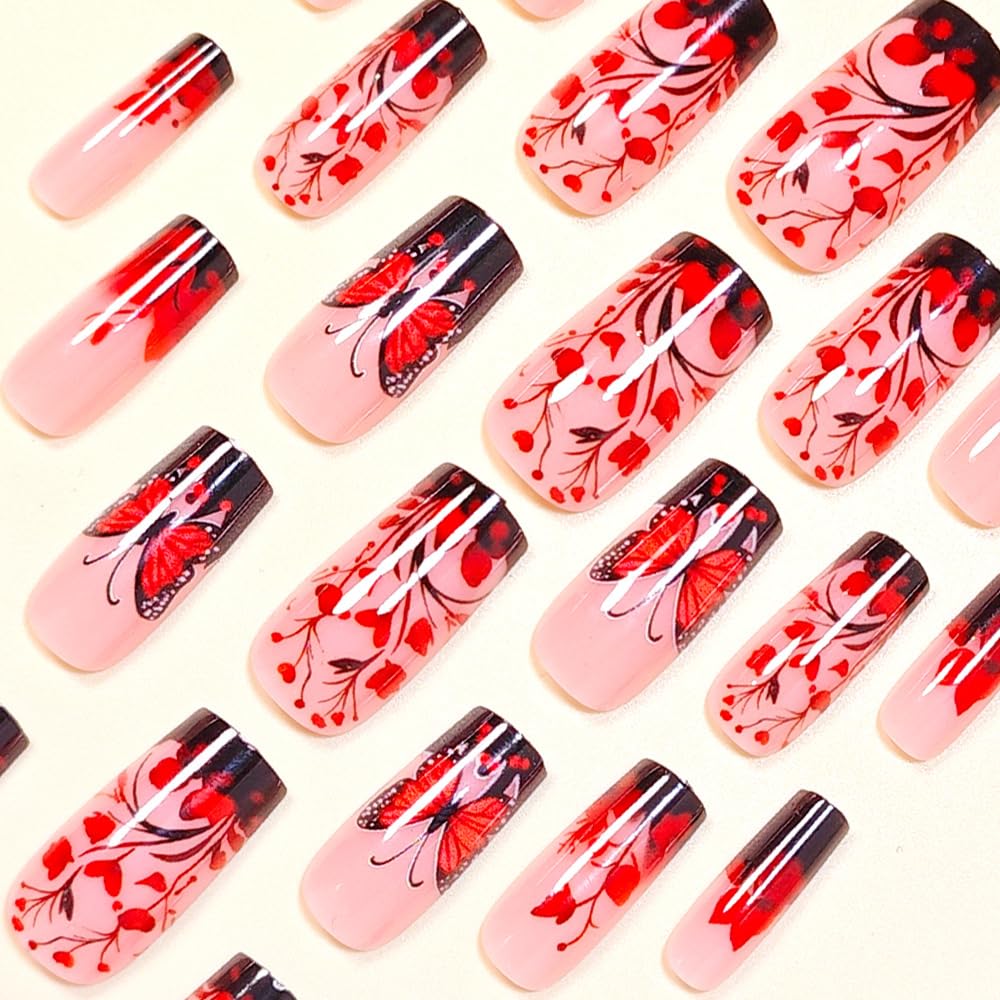 CEWEWP Medium Press on Nails Square Red Butterfly Flowers Fake Nails with Design Black French Nails Press ons Nude Acrylic False Nail Reusable Nail Tips Kit Full Cover Stick on Nails for Women 24Pcs