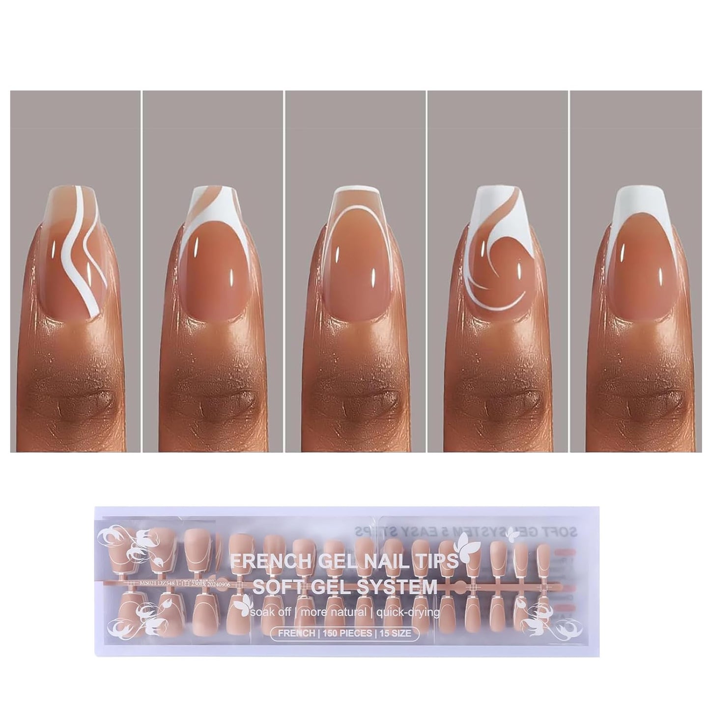 OPkssnails French Gel Nail Tips,5 Style 150pcs French Tip Press on Nails Short Coffin,Pre-Designed Soft Gel Fake Nails Tips, Soak Off Acrylic Fake Nails Extensions for Women Nail Art DIY 15 Sizes