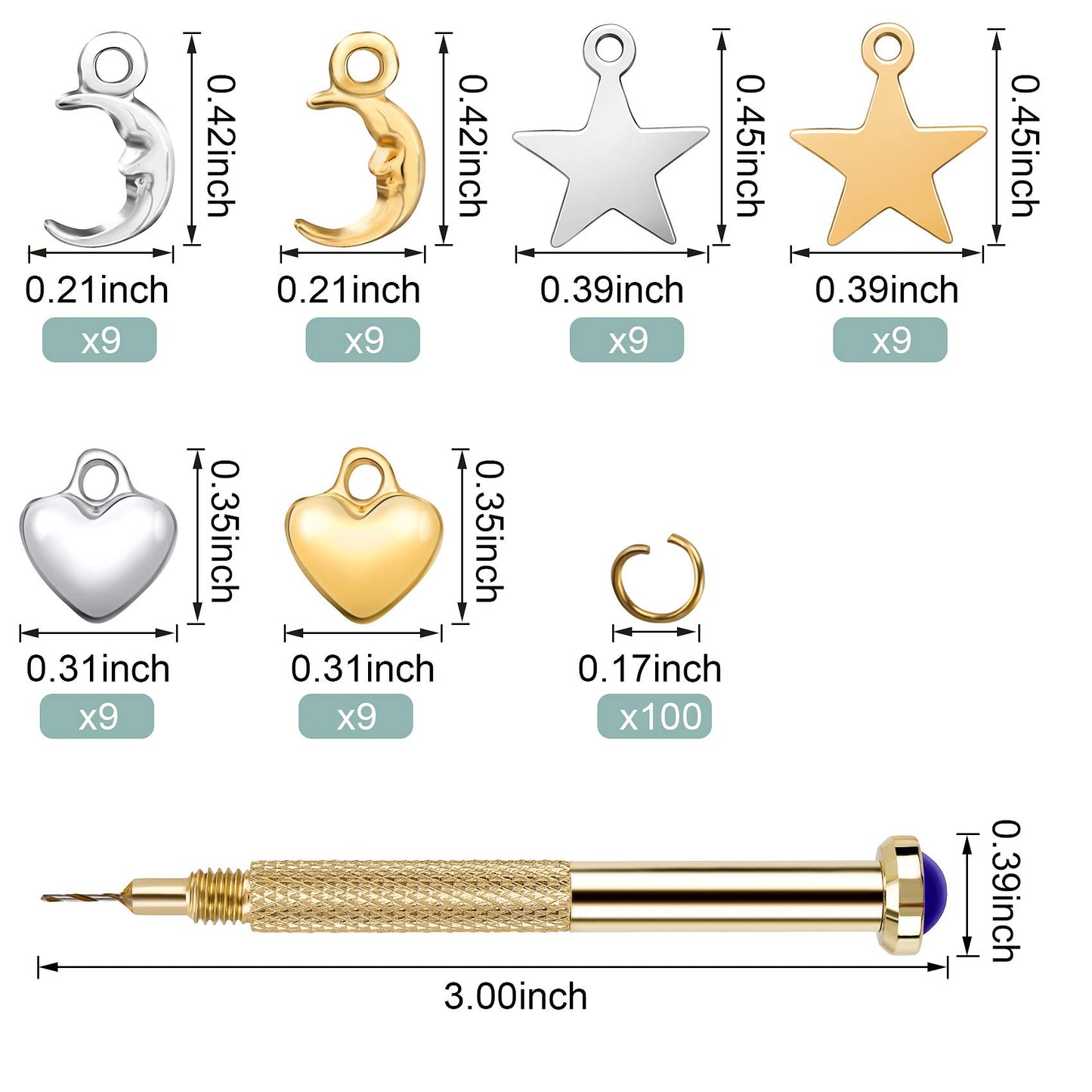 PAGOW 155 PCS Dangle Nail Art Charm, Nail Jewelry Rings with Nail Piercing Tool Hand Drill for Tips, Acrylic, Gels and Decorations