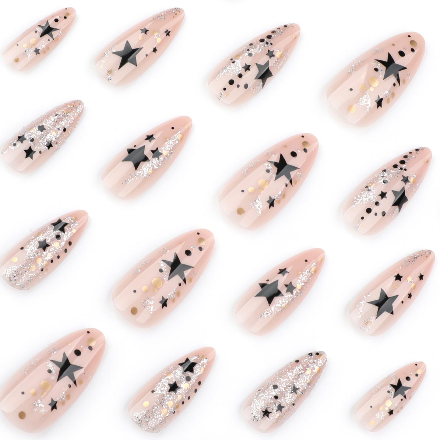 IMSOHOT Medium Press on Nails Almond Nude Fake Nails with Black Star & Silver Glitter Designs Full Cover Glossy Y2K Nail Supplies Acrylic DIY Nail Art Stick on False Nails for Women