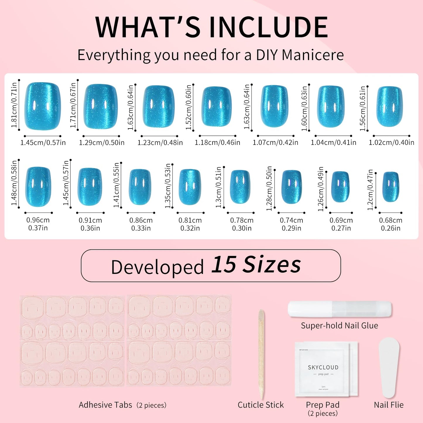 Lake Blue Cat Eyes Press On Nails,12 Sizes - 24 Pcs Soft Gel Blue Short Squoval Fake Nails Kit with Nail Glue, Natural Reusable Stick On False Nails for Women and Girls SK1062