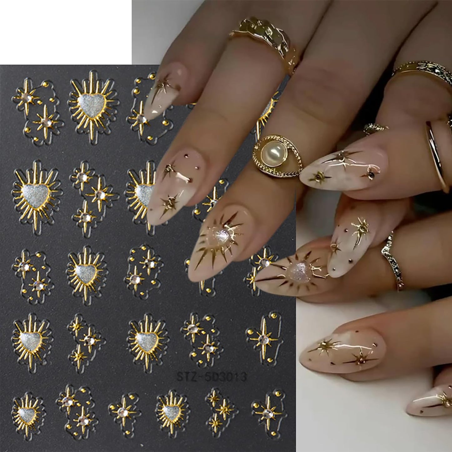 4 Sheets Gold Heart Star Nail Art Stickers 5D Relief Self -Adhesive Golden Stars with Love Heart Rhinestones Nail Decals Holographic Gold Nail Stickers Decoration for Women DIY Manicure Supplies