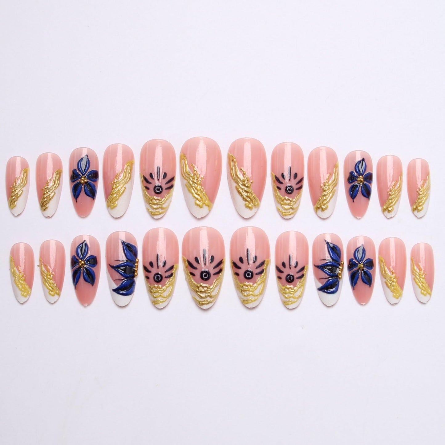 Spring Flowers Press on Nails French Almond Medium Length Fake Nails 3D Blue Camellia Flower with Gold Beads Pattern Design Glue on Nails Spring Summer Full Cover Floral Stick on Nails for Women