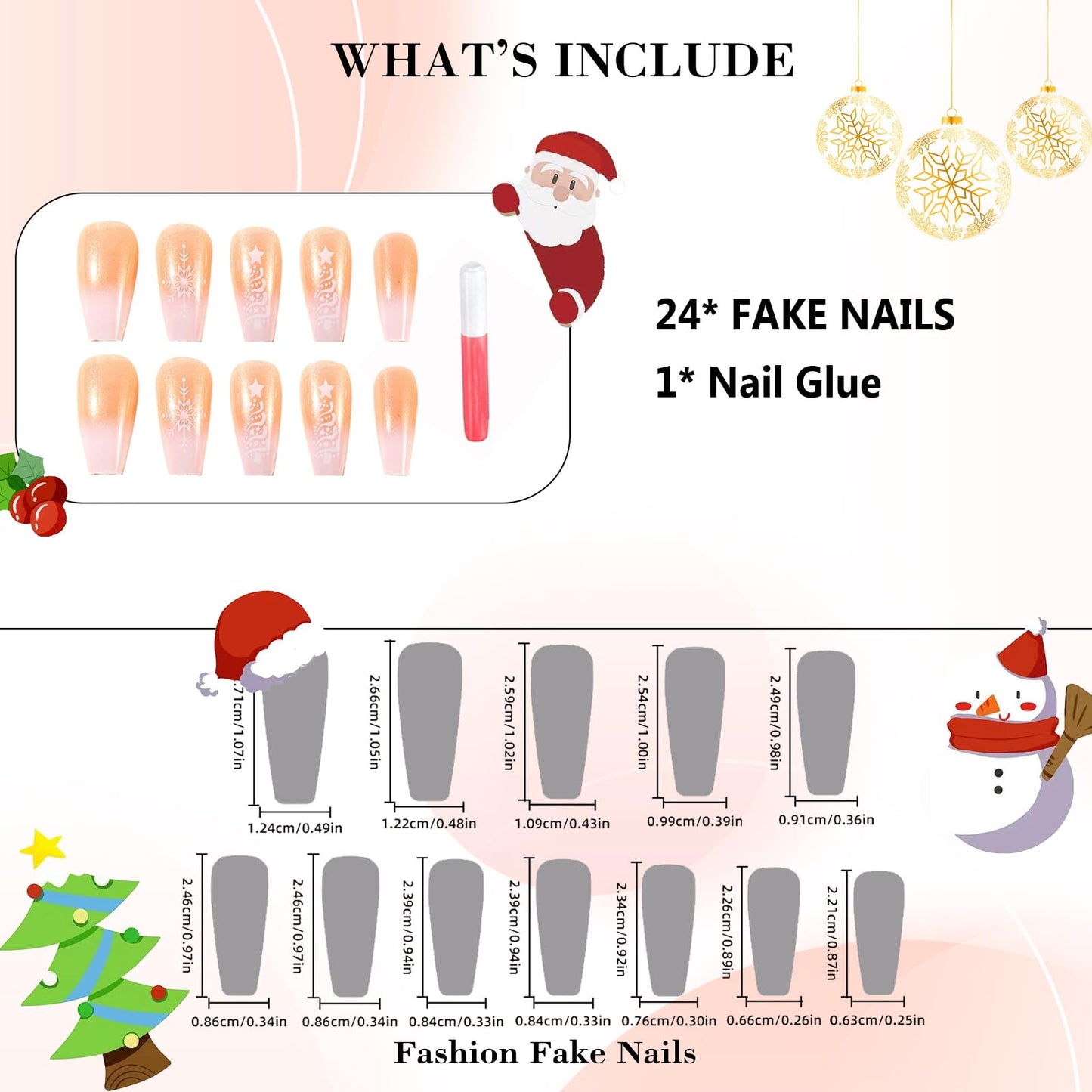 IMRAIN Christmas Press on Nails Long Coffin Fake Nails White Nude Gradient False Nails Full Cover Snowflakes Nails with Designs Ballerina Artificial Stick on Acrylic Nails for Women 24Pcs
