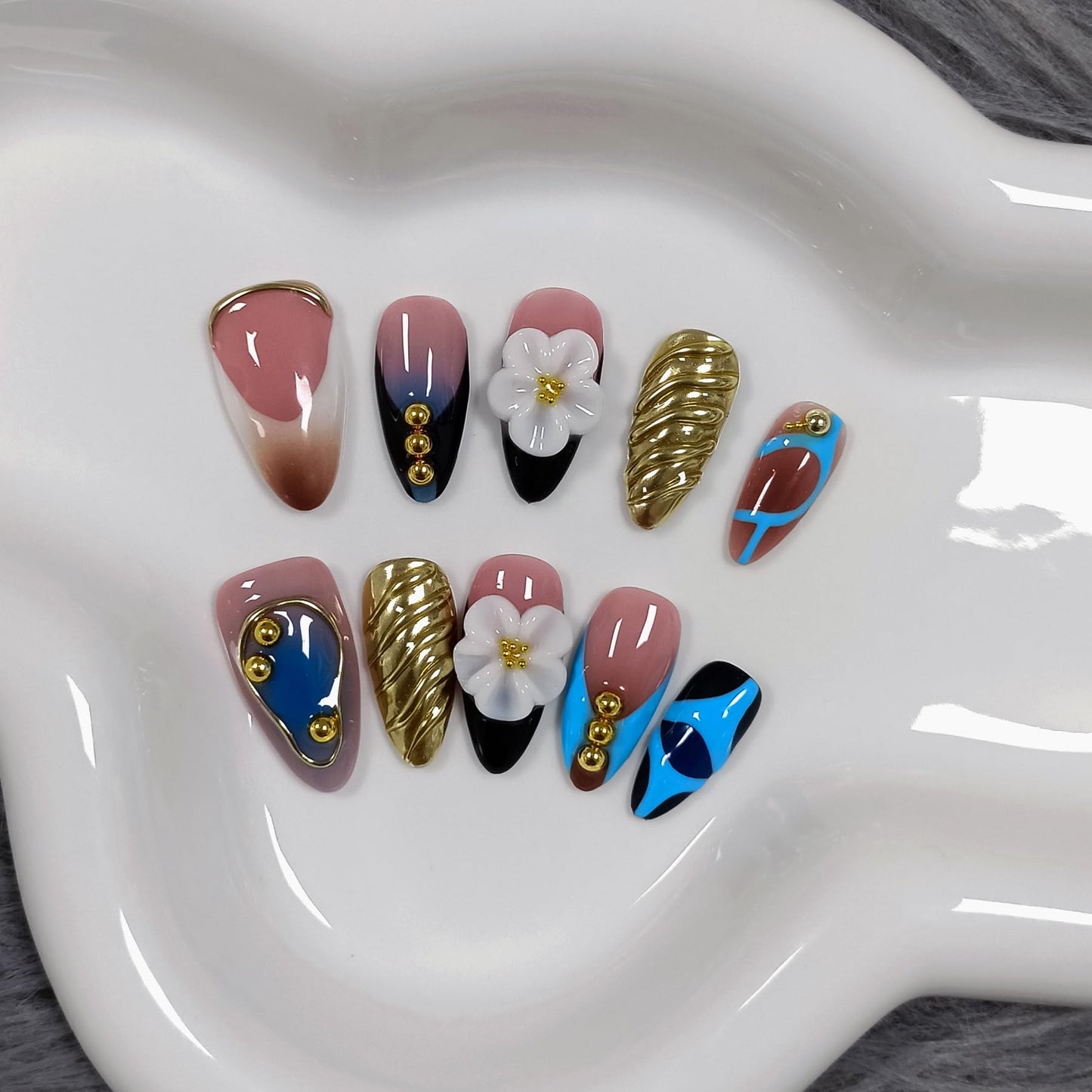 TENPAL 10Pcs Handmade Press On Nails With Tools,Gold & Blue French Tip Fake Nails Almond with 3D Floral Metal Charms,Glossy Thick Glue on Nails,Blushing Salon Acrylic Nails for Wedding Party(S)