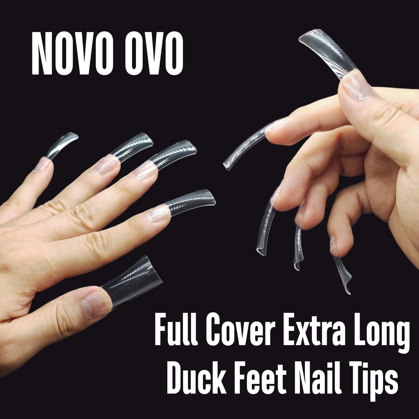 NOVO OVO 240 pcs Extra Long Duck Nail Tips Full Cover for Acrylic, Clear XL XXL Flare Feet Nails Press On, Y2K Vibe Wide French Soft Gel False Nail Extension for Art Salon x 12 Sizes in Box