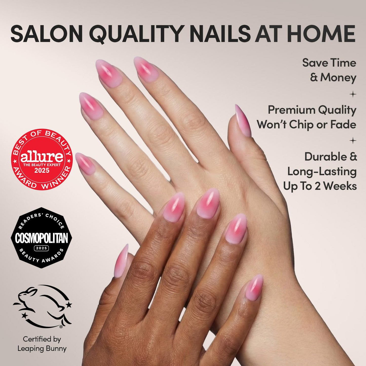 Glamnetic Press On Nails - Blushing Aura | Short Almond Trendy Pink with Ombre Center Fake Nails in a Glossy Finish | 15 Sizes - 30 Nail Kit with Glue
