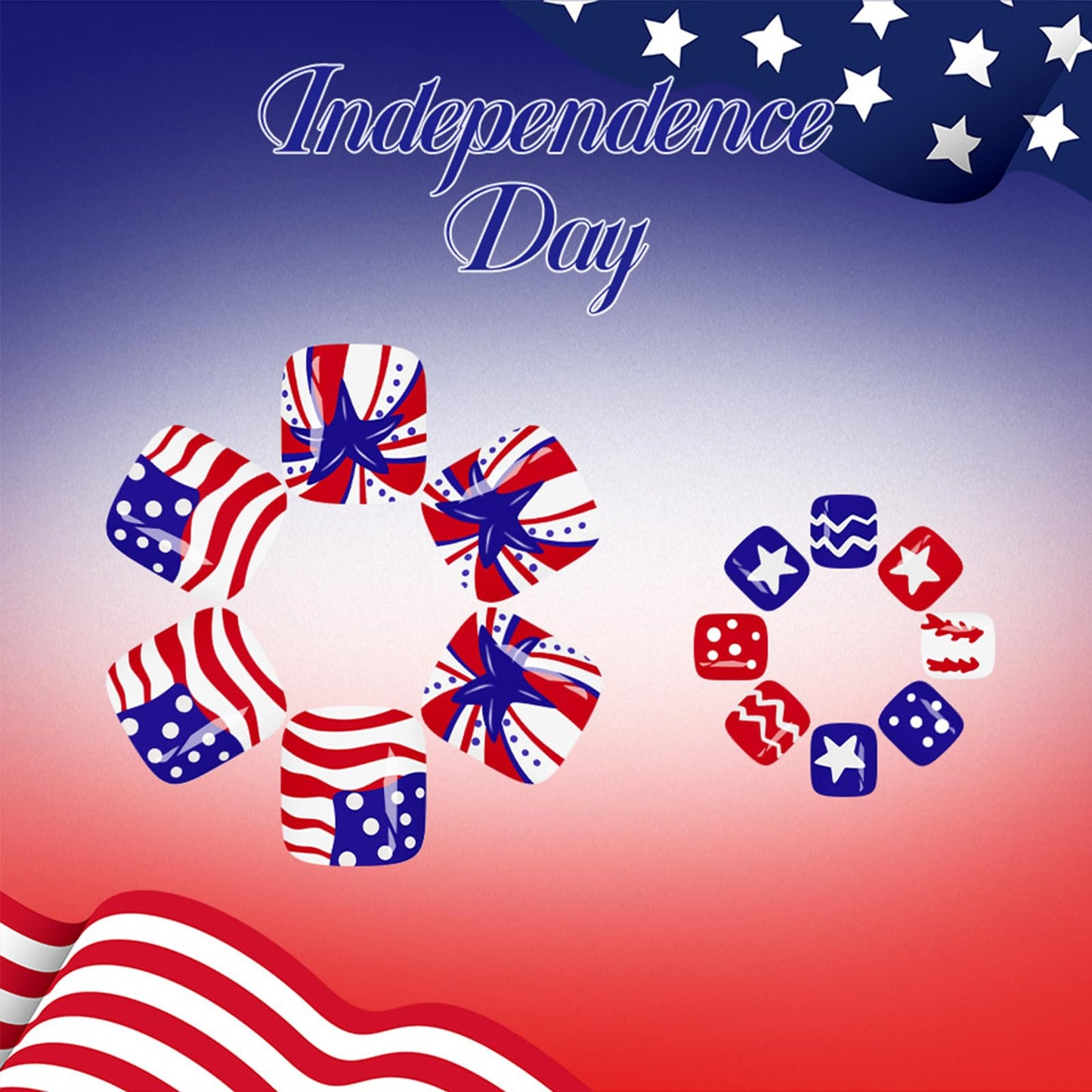4th of July Press on Toenails Short Glossy Red White Blue Fake Toe Nails American Flag Star Stripe Toenail Press ons Independence Day Full Cover Acrylic False Toenails for Women 24Pcs