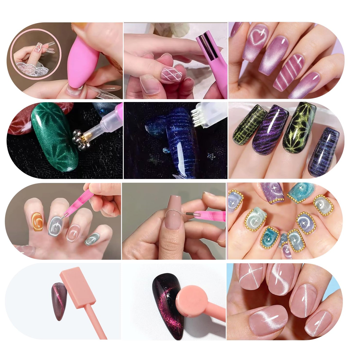 YECIRALA 4 Pcs Pink Nail Art Cat Eye Magnets For Nails, 3 In 1 Heart Nail Magnet Pen And 3 Unique Versatile Cateye Magnet Tool For Nail Art, Heart, Lines & Flower Effect Gel Nail Polish Magnet