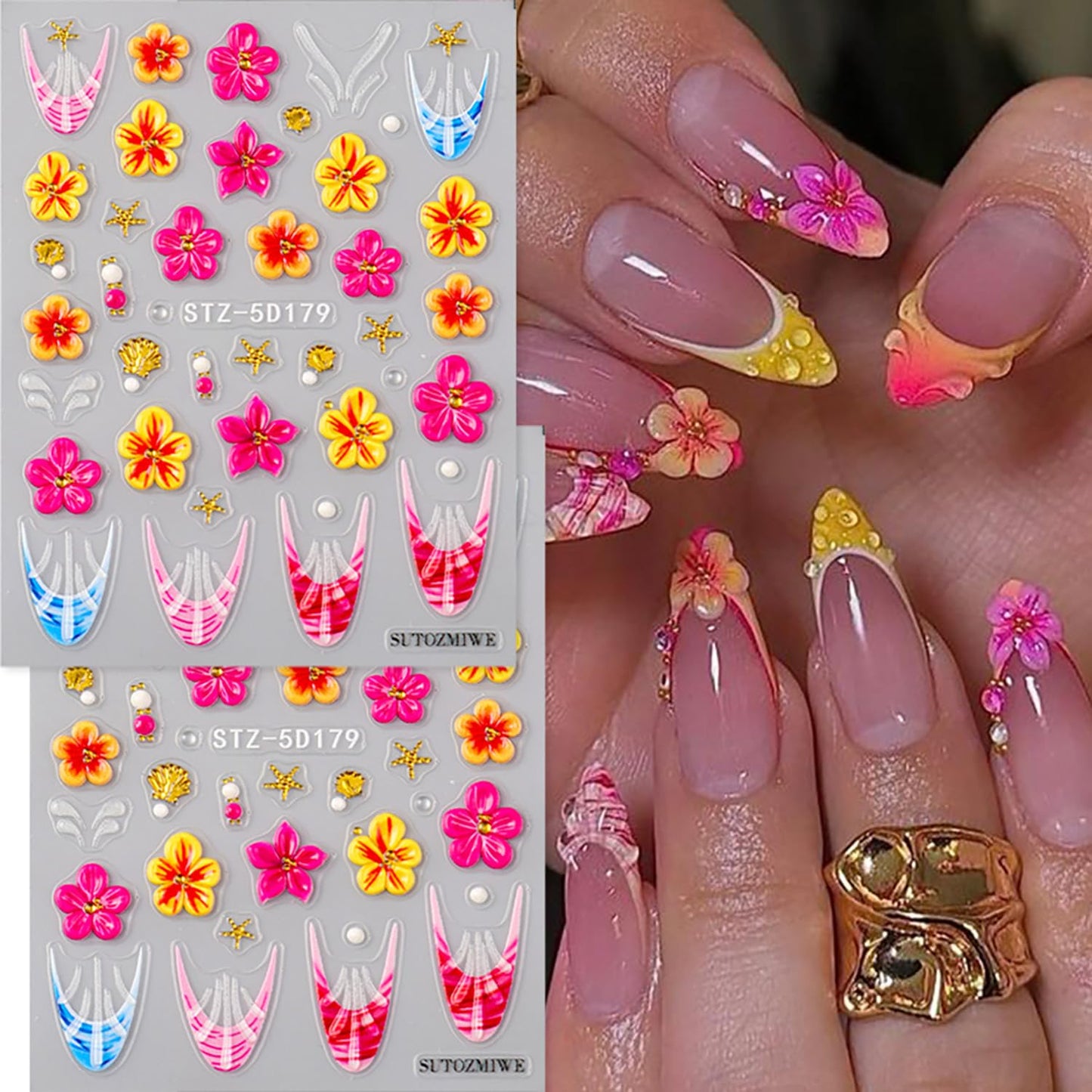 CJDLTS 2 Sheets 5D Flower Nail Art Stickers 5D Relief Self -Adhesive Green Vines with Gradient Flowers Nail Decals Holographic Ripple French Nails Stickers for Women Acrylic Nails Decoration Supplies