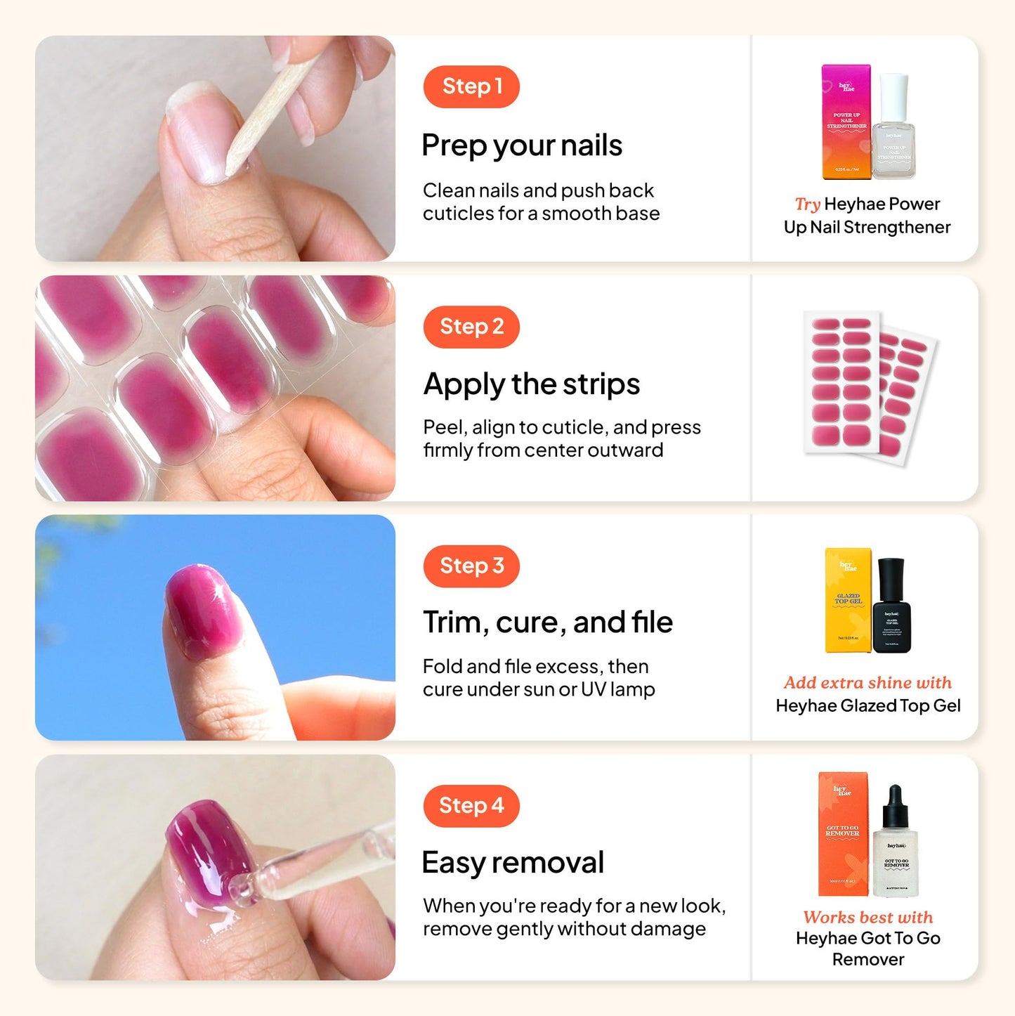 Heyhae Semi Cured Gel Nail Strips | No LED Lamp Needed | Solid, Red | Easy Apply & Remove, Salon Quality | Includes 28 Strips, 1 Prep Pads, Nail File & Wooden stick - Hey, Cherry on Top