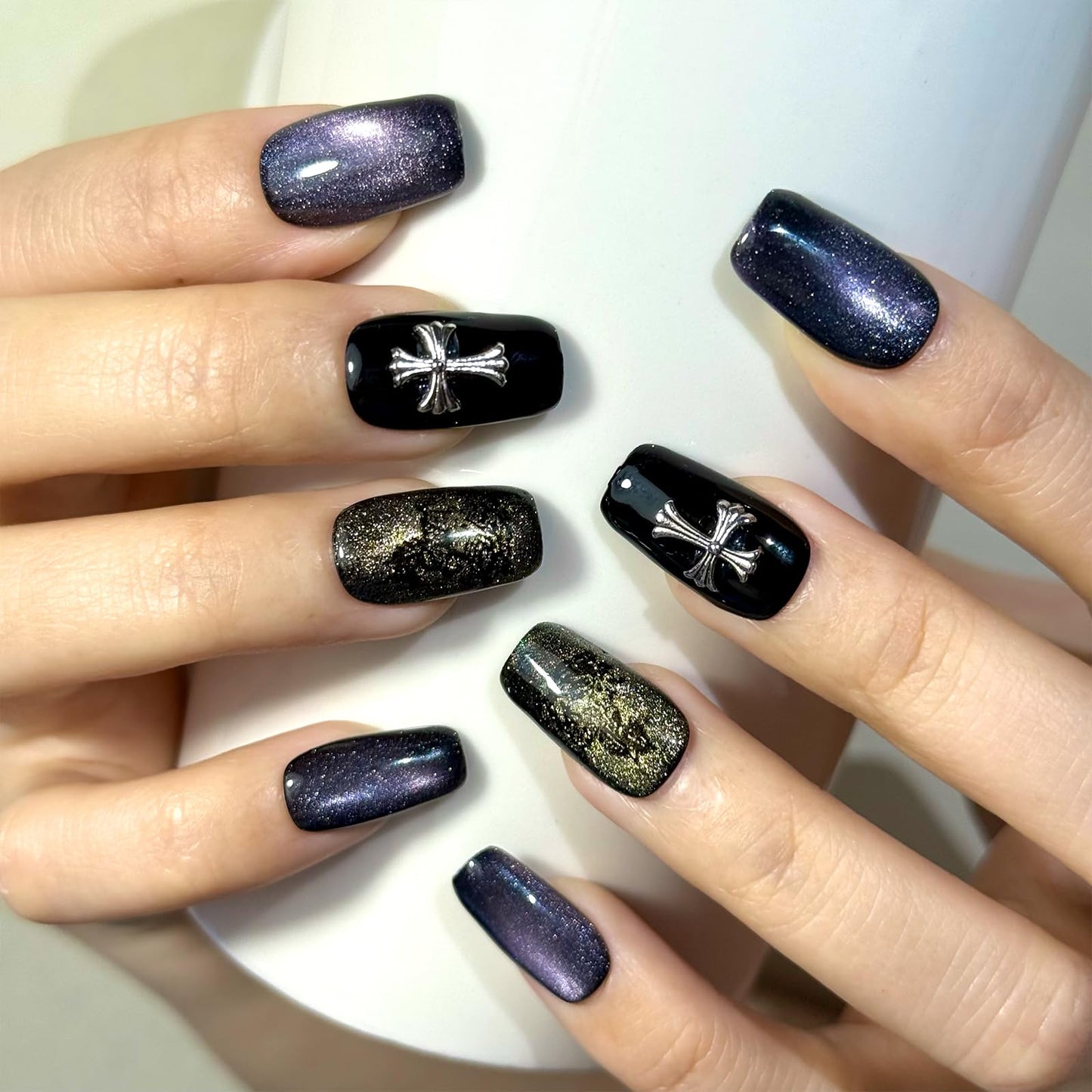 Purple Cat eye Short Square Press on Nails,Blackness Punk Rock Style False Nails with Cross Designs,Gothic Cross Press On Nails - 10Pcs Nail Kit for Women and Girls.