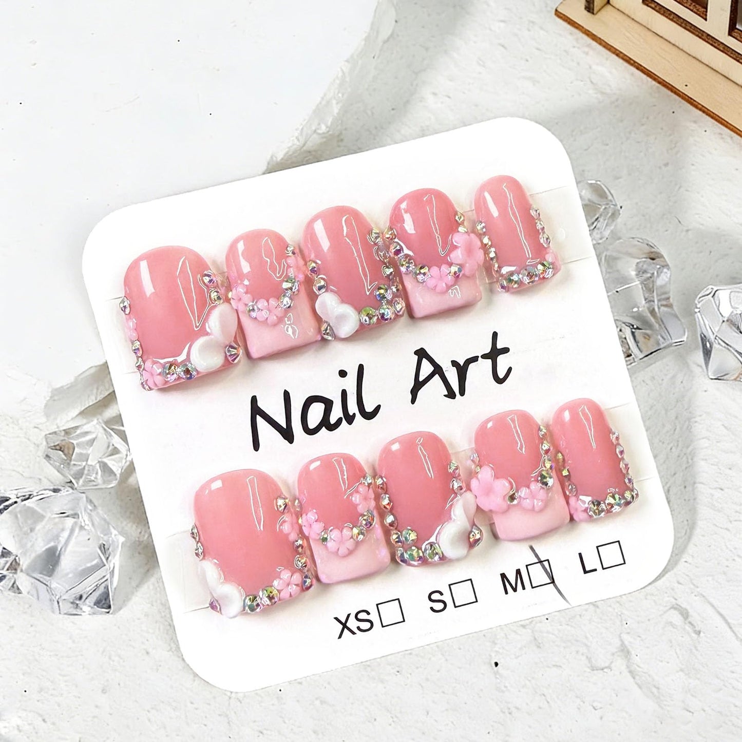10 Pcs Handmade Press on Nails Short Square Fake Nails with Pink 3D Flower Rhinestones Design White French Tip False Nails Pink Acrylic M Size Press Ons Nails Square for Women