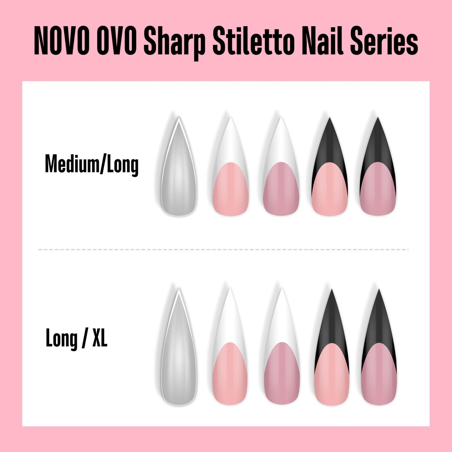 NOVO OVO Black French Tip Long XL Sharp Stiletto Nail Tips Press on BABY PINK, Soft Gel Double Matte Fake Nail Extension, Full Cover False Nails for Acrylic DIY x 16 Sizes 160 pcs