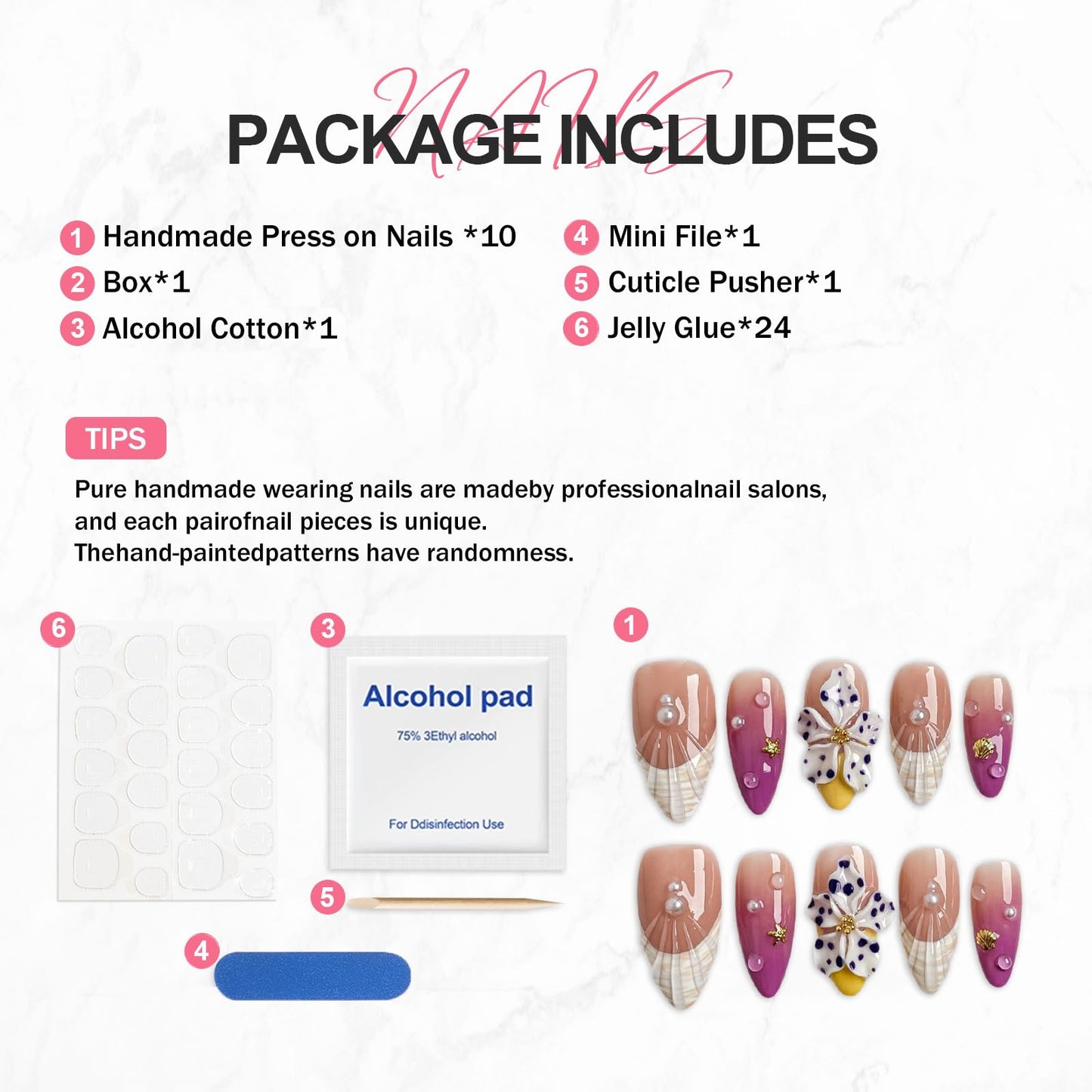 Handmade Press on Nails Purple Gradient Fake Nails French Tip Multi-Layer Gel Acrylic Nail with 3D White Flower & Pearl Designs Full Cover Medium Almond Stick on Nails for Women Nail Art（Size M)