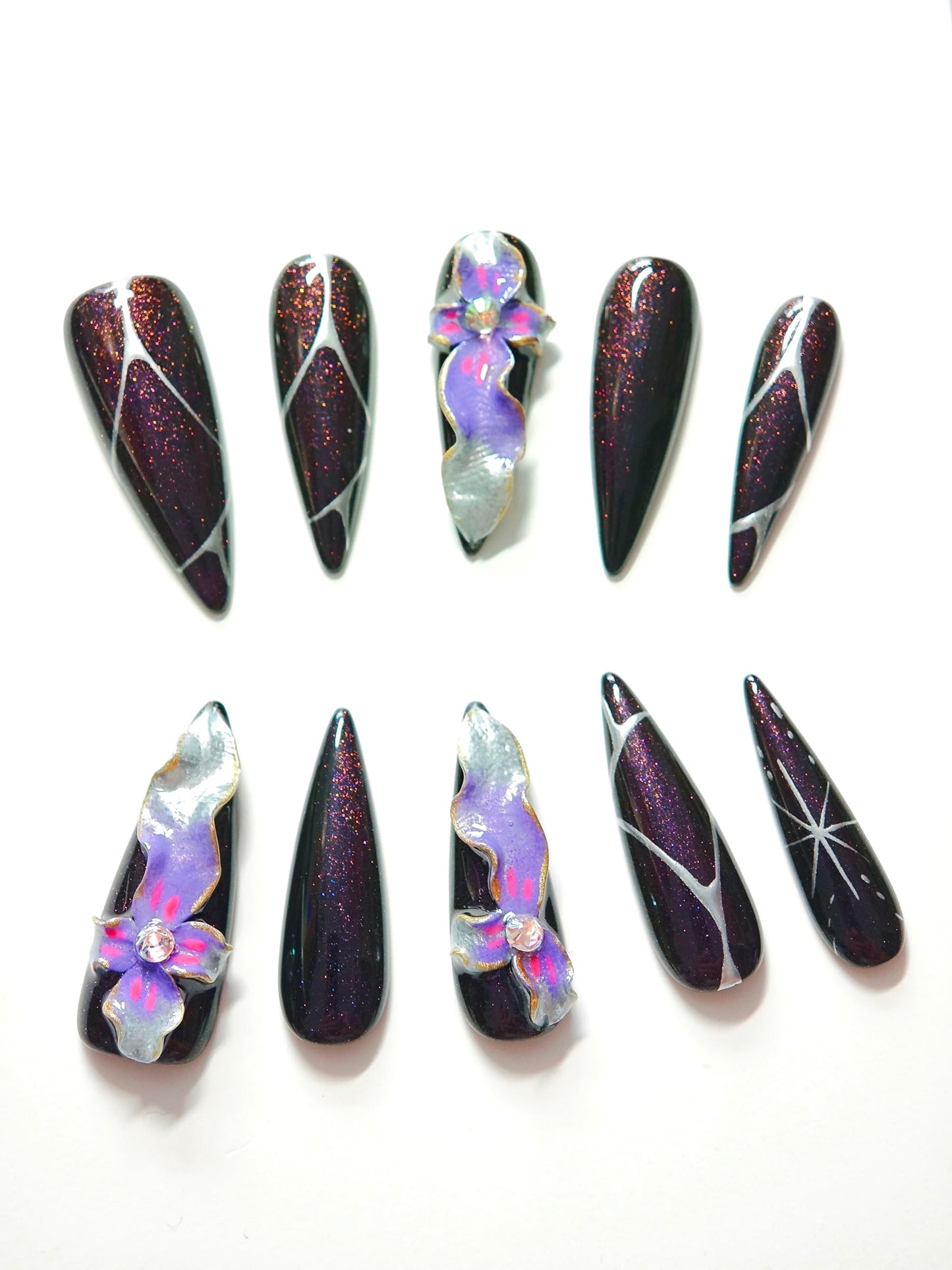 Avilux Press On Nails – Handmade, Reusable, 3D Designer Nail Art, 10Pcs Fake Nails for Women and Girls, Perfect for Holidays, Parties & Gifts (Mystic Orchid Glitter, Small)