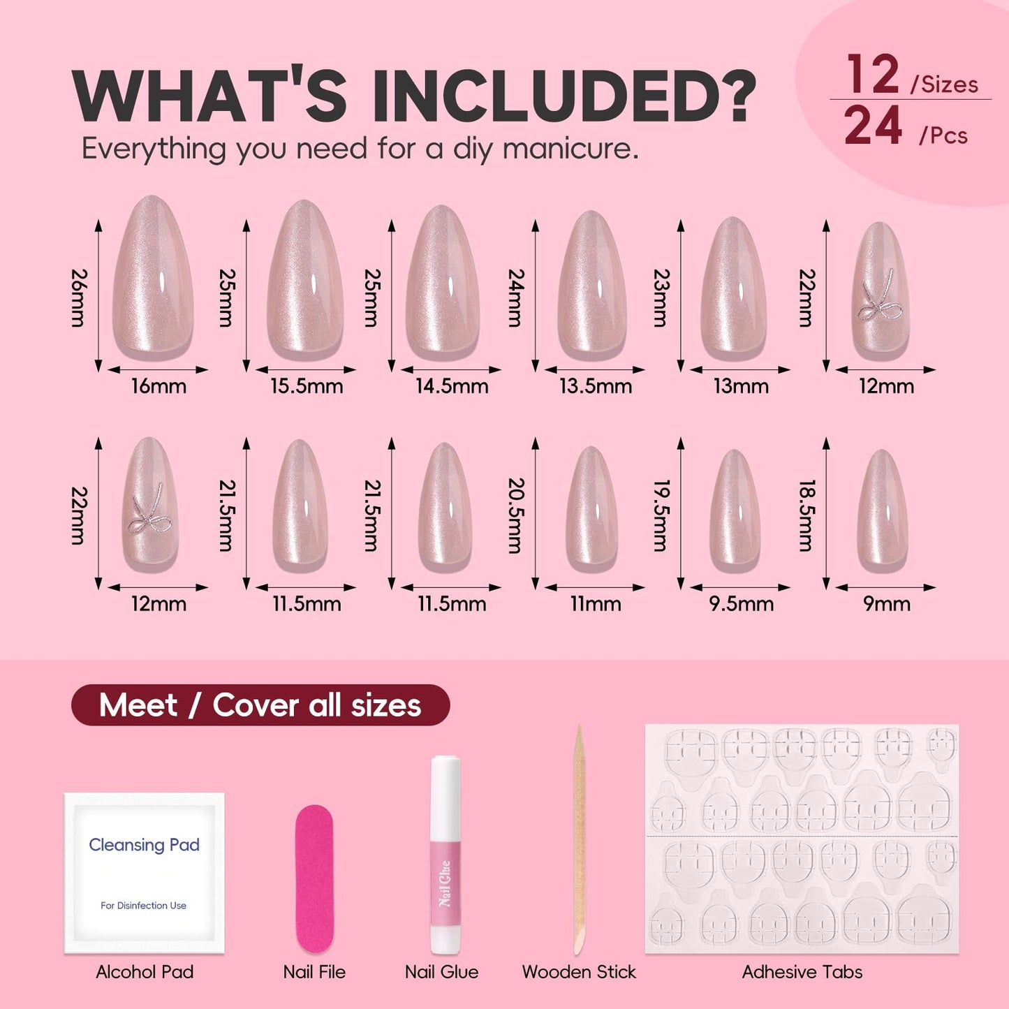HOSAILY Nude Pink Cat Eye Medium Almond Press-on Nails with 3D Silver Bow Accents Design, 24pcs Glossy Cute Pretty Durable Classic Full Cover Stick on Fake False Acrylic Nails for Women Daily Wear