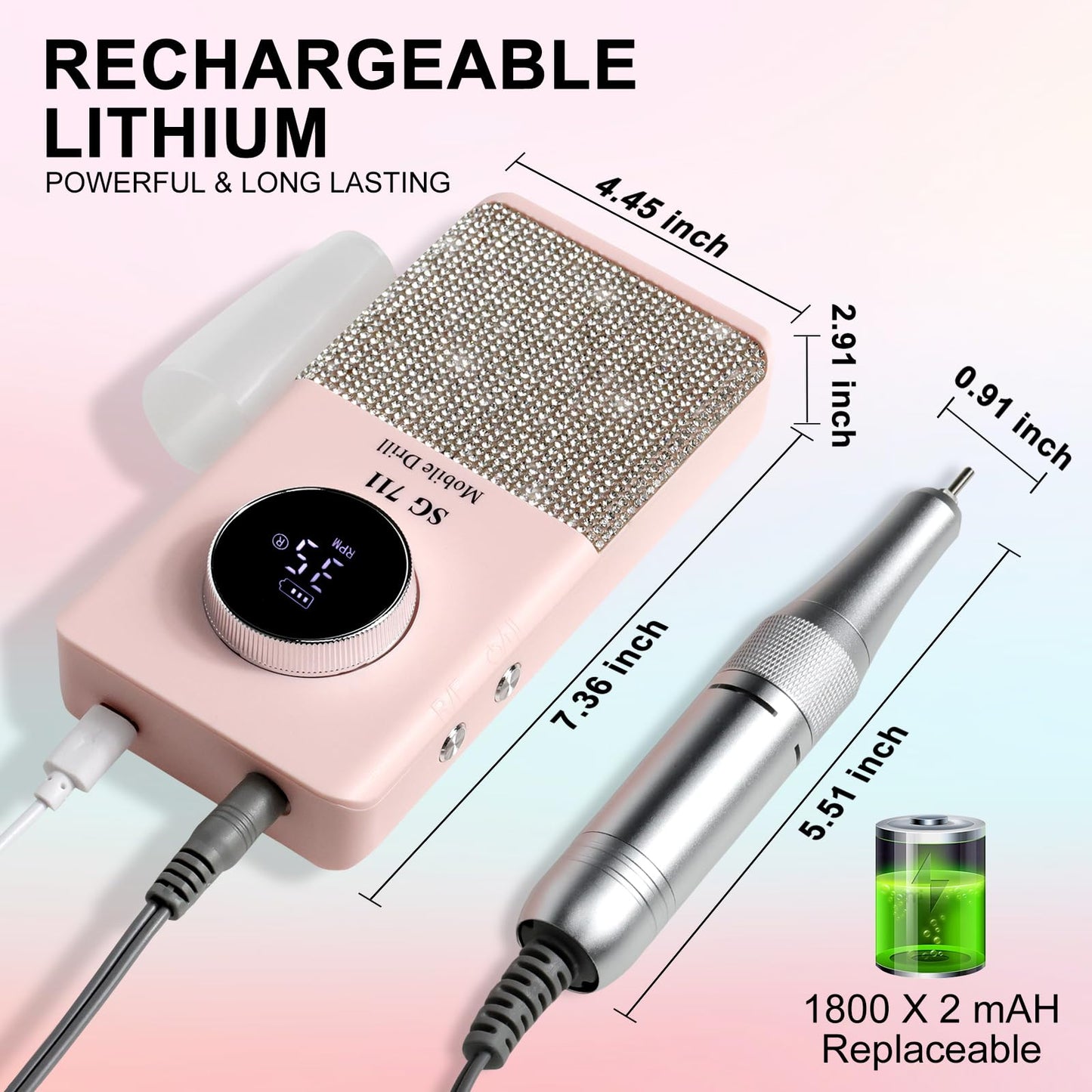 LIMEGIRL Professional Electric Nail File Drill Bits Kit 45000RPM for Acrylic Toenail Machine Clippers with 14 Drill Bit Gradient Pink Portable Rechargeable Cordless