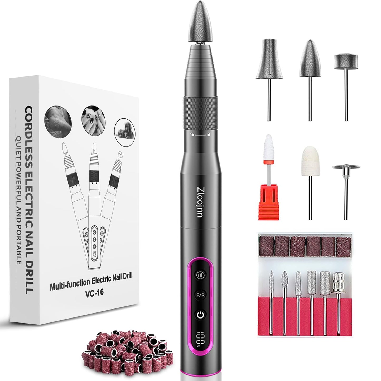 Professional Cordless Nail Drill Kit,Alloy Electric Nail File for Acrylic Nails Gel Polishing Callus Remover,30,000RPM with LED Display Rechargeable Quiet Manicure Pedicure Kit for DIY,Home Salon Use
