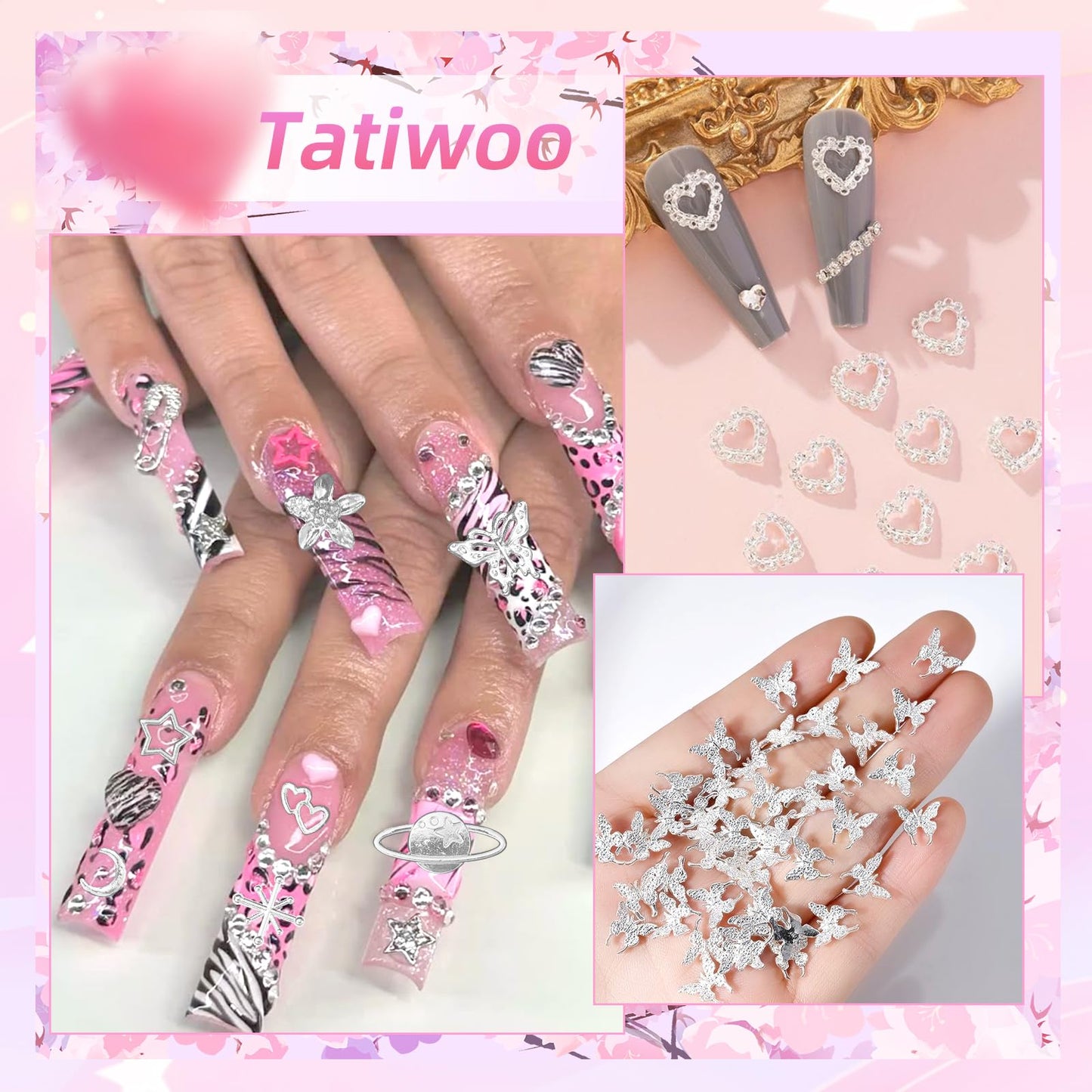 240 Pcs 3D Silver Nail Charms, Alloy Cross Star Crown Bows Nail Silver Charms, Shiny Planet Metal Nails Art Charms Snake Charm for Acrylic Nails DIY Y2K Accessories