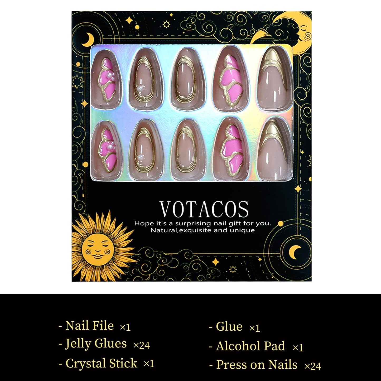 VOTACOS Gold French Tip Press on Nails Almond Medium 3D Butterfly Acrylic Fake Nails Press Ons with Designs Pearl Gold Line Glue on Nail for Women 24PCS Nude Reusable Artificial Stick on False Nail