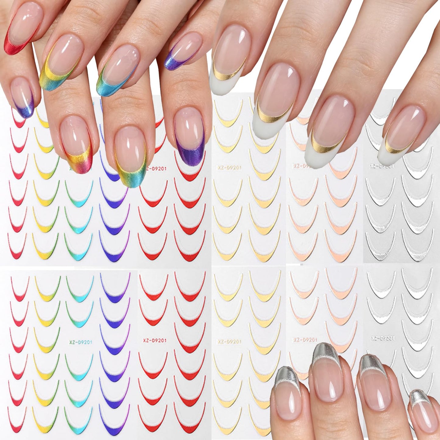 10 Sheets Colorful French Nail Stickers for Nail Art, 3D Self-Adhesive Gold Sliver Rosegold French Nail Decals, Red French Lines Nail Supplies Designs Accessories for Women Girls Manicure DIY