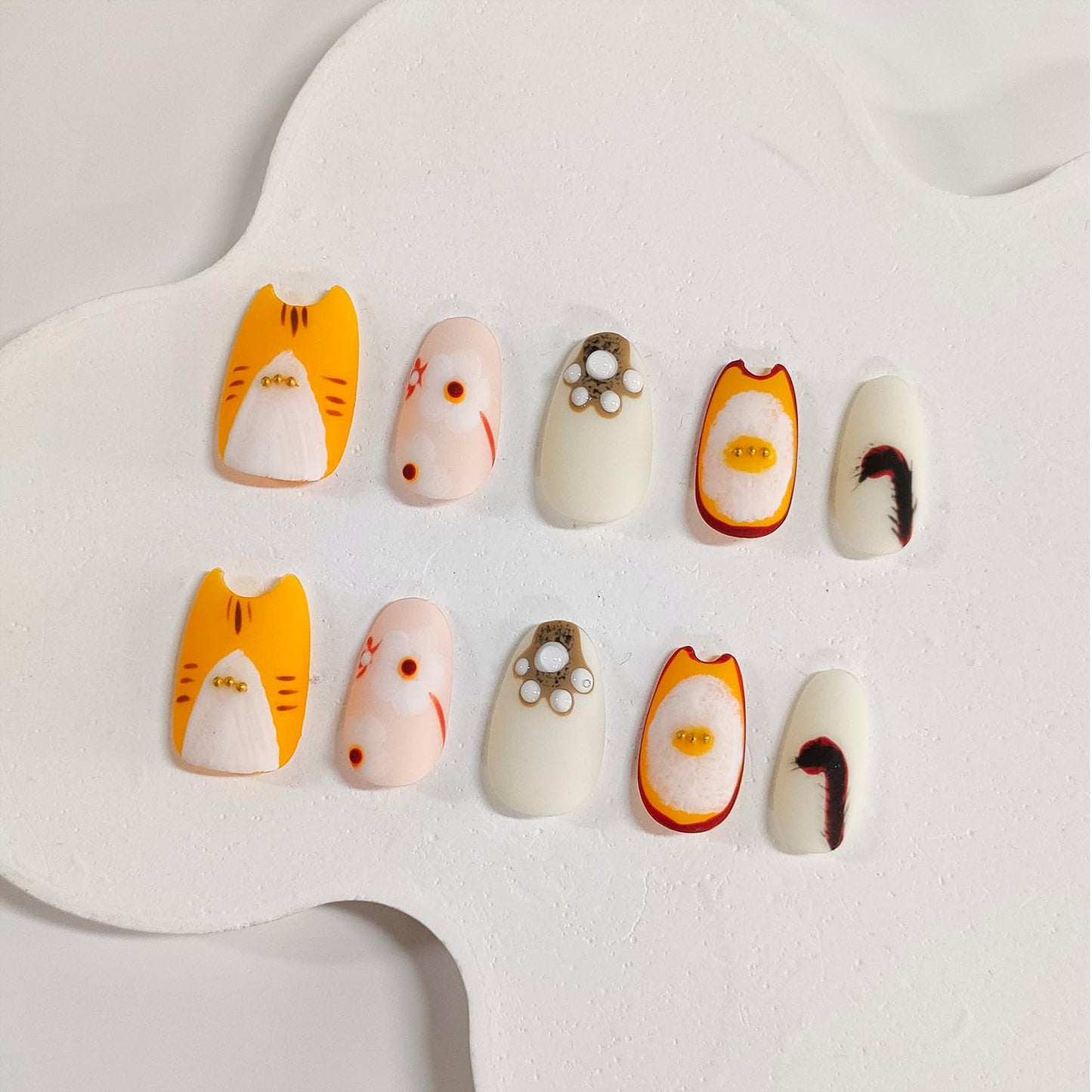 Cat Press on Nails Medium Almond Handmade 3D Thick Acrylic Nails Cute False Nails with Unique Cat Shape Paw Pads Floral Designs Funny Matte Fake Nail Yellow Sturdy Art Press on Nail 10Pcs(M)