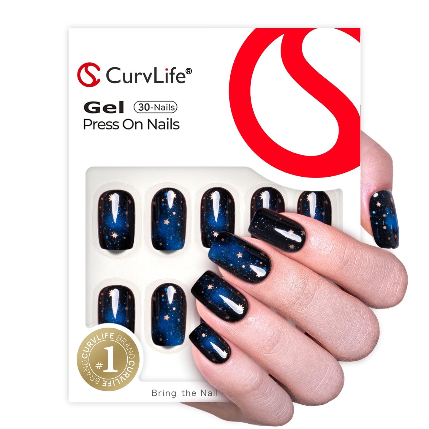 Curvlife Press On Nails - Acrylic False Nails Kit with Design, Full Coverage, Reusable Nails, Glue, Tabs, File - Artificial Nails (Starry Sky, Medium)