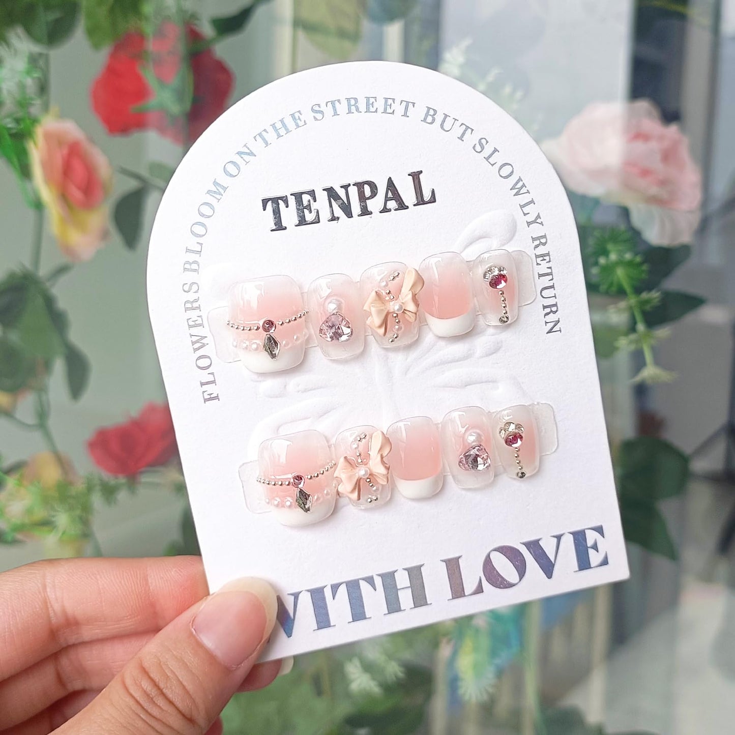 TENPAL French Tip Press on Nails Extra Short Acrylic Fake Nails With Beads Pearls Bow Charms 10pcs/Box Cute Natural Pink Nails Press ons For Women Girls Reusable Artificial Nails for Daily Wear(S)