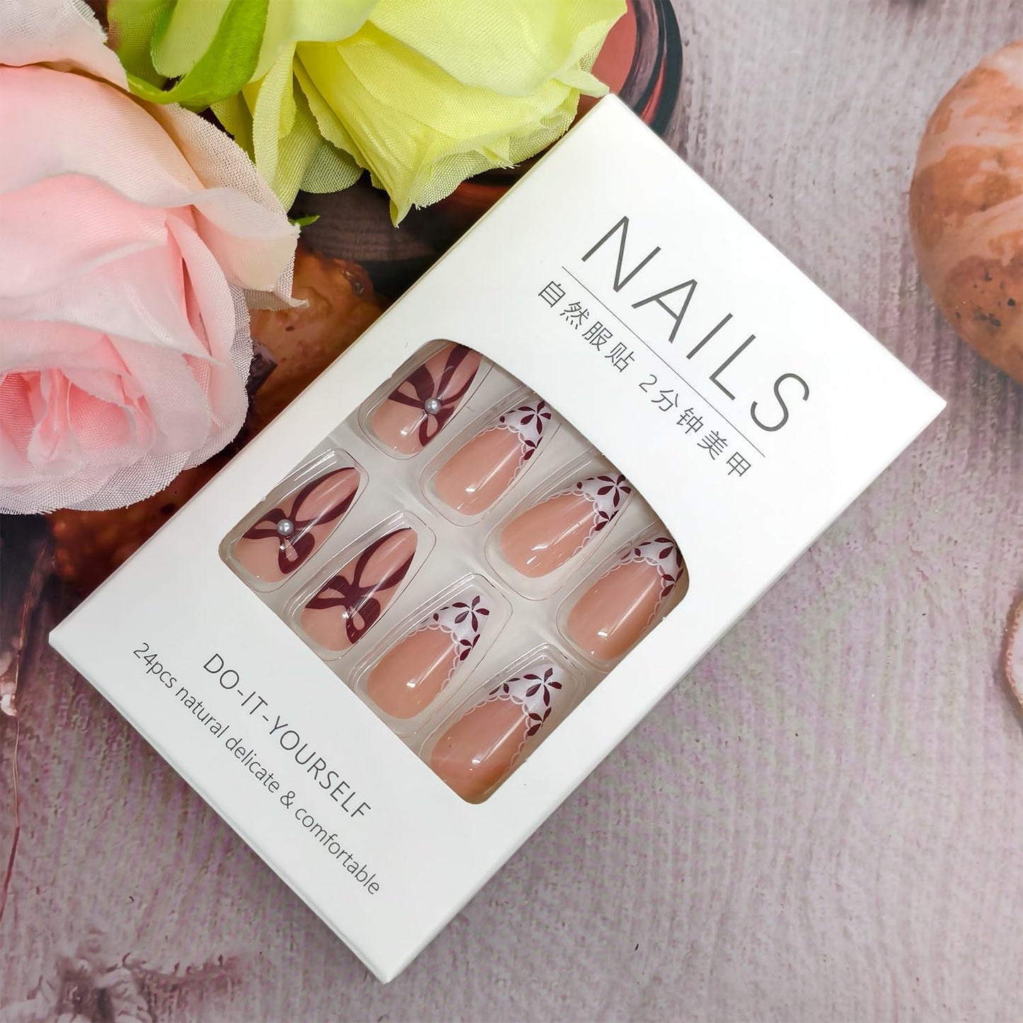 CJDLTS Flower Press on Nails Almond Shaped Artificial Acrylic French White False Nails 3D Floral Red Bow with Pearl Spring Glossy Design Medium Coffin Nail Artificial Fingernails for Women Manicure