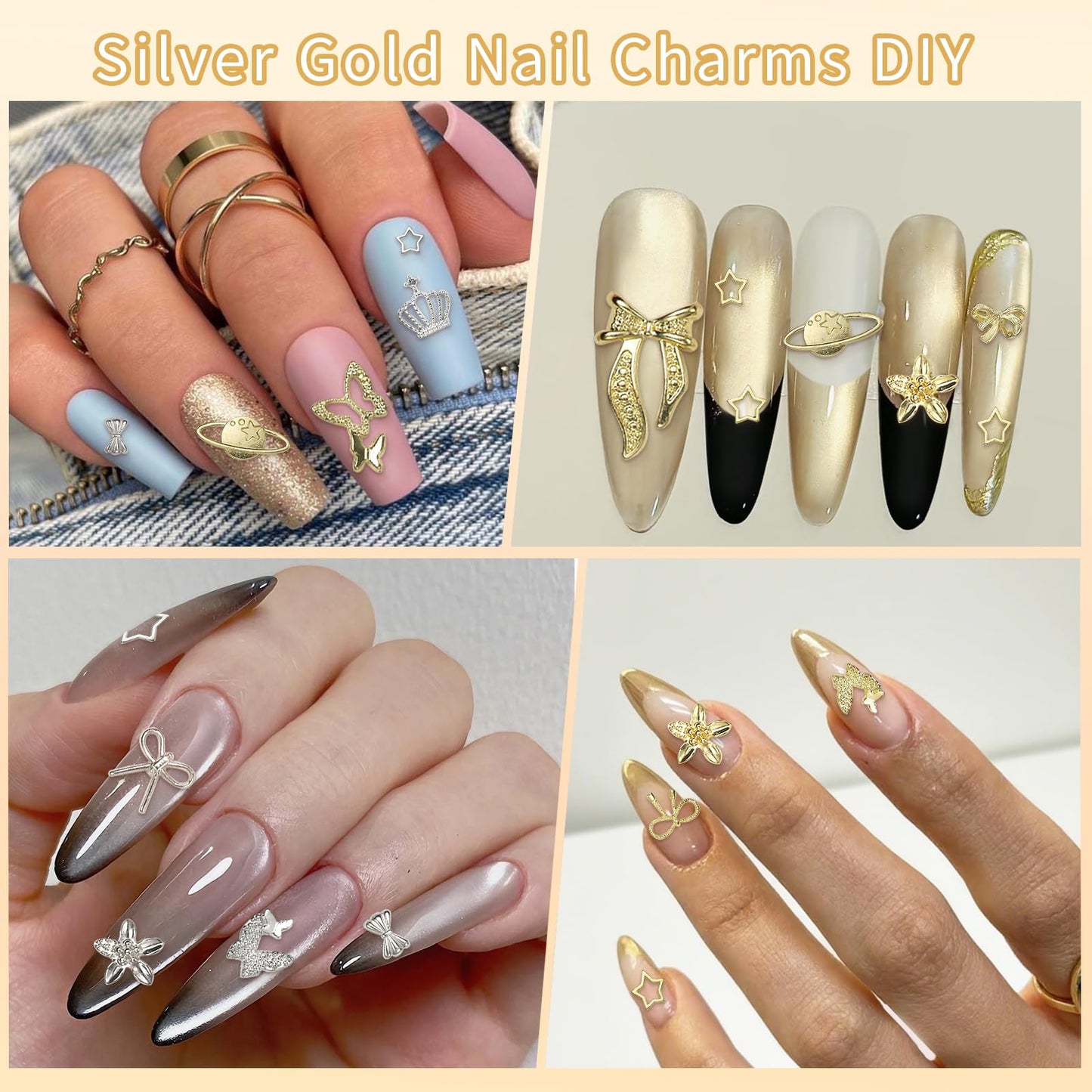 240 Pcs Gold Silver Nail Charms Kit, 3D Crown Bows Cross Metal Nail Charms, Planet Star Dollar Alloy Nail Gold Charms Butterfly Nail Art Charms for Acrylic DIY Nails Designs
