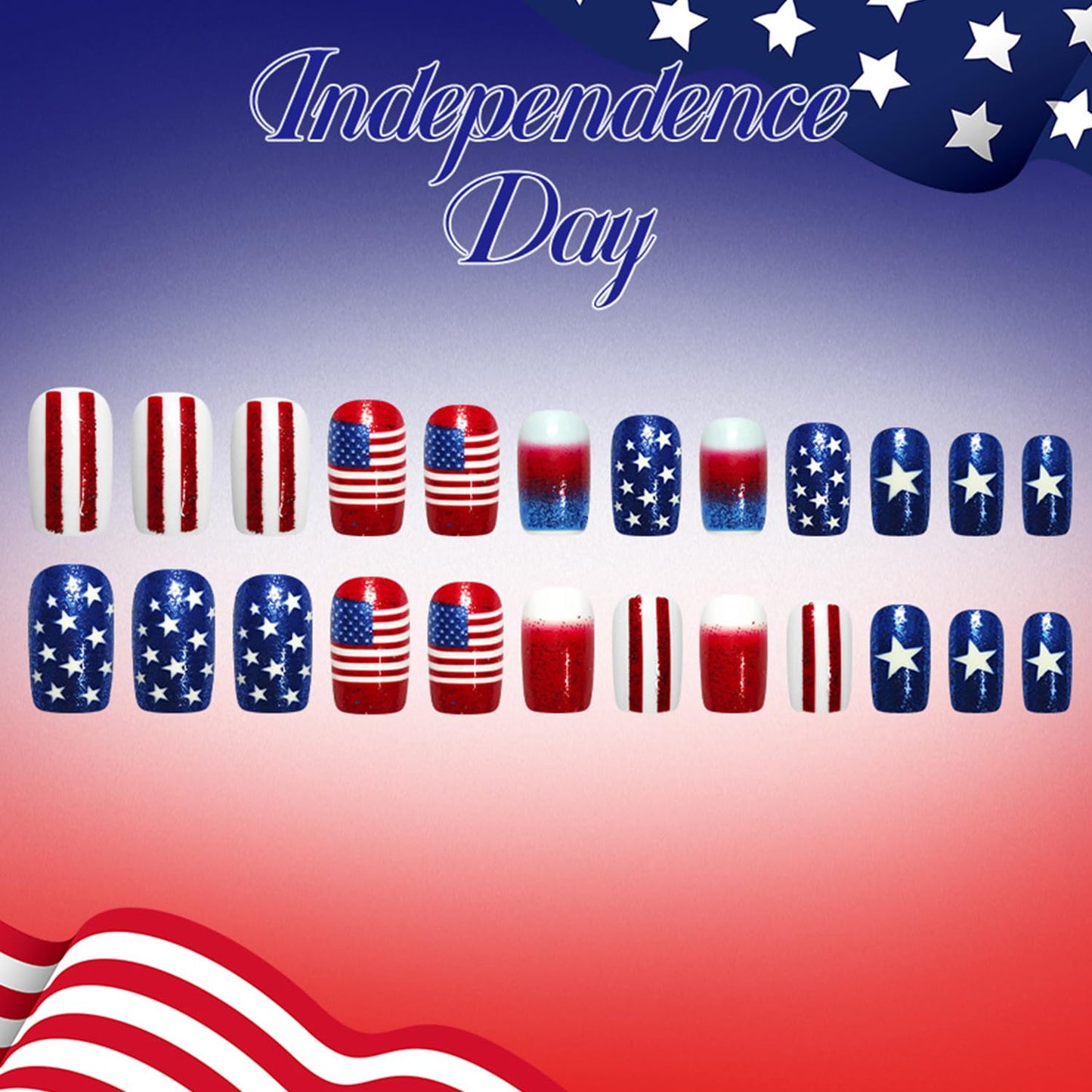 French Independence Day Press on Nails Medium Square Fake Nails Gradient US Flag Lines Stars Glitter 4th of July Stick on Nail Patriotism Glue on Artificial Fingernails for Women Festival Manicure