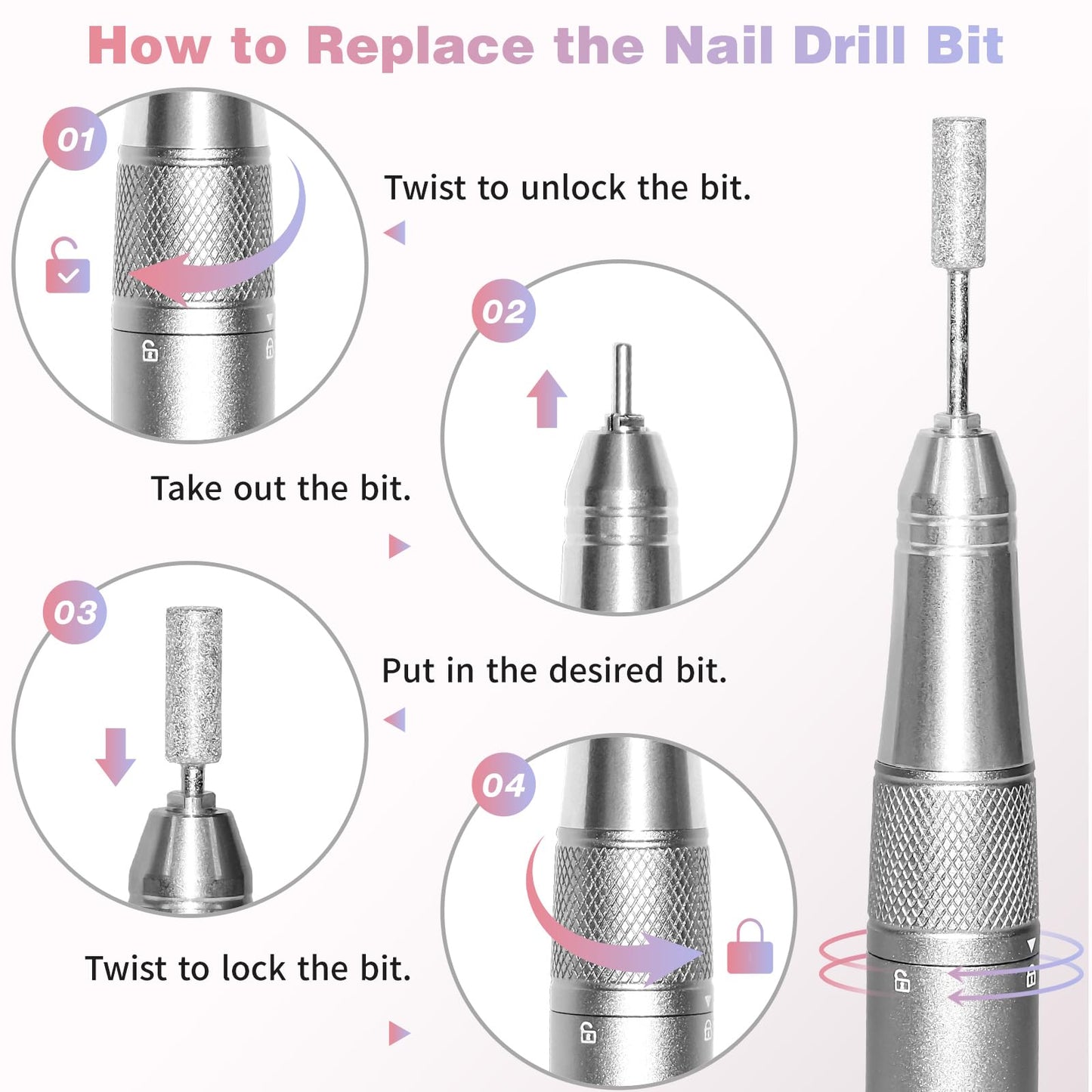 Electric Nail Drill Machine Professional, 40000 RPM Cordless Nail File with Silent Brushless Motor, Portable Rechargeable Nail Drill and Bits for Acrylic Gel Nails Polishing Removing