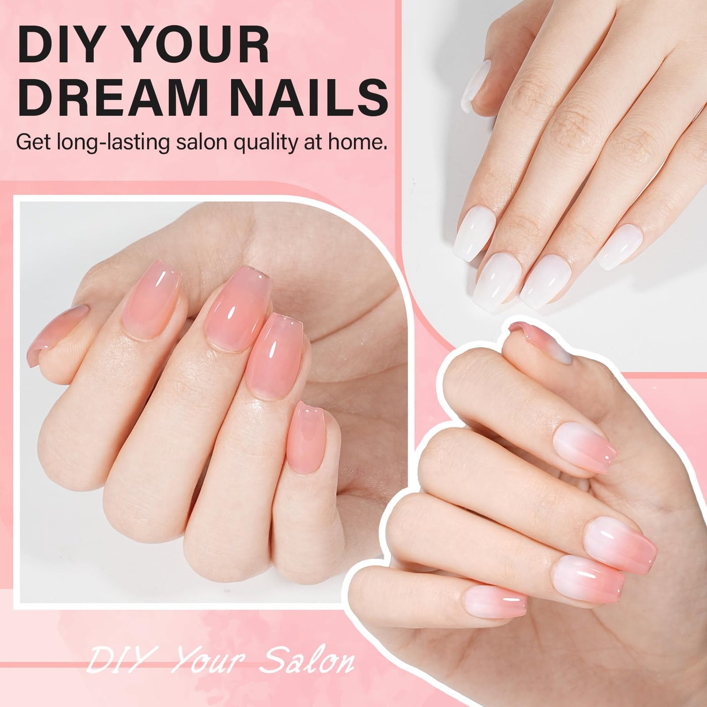 AILLSA Gel Nail Kit Short Coffin Nail Tips 240pcs with 2 In 1 Nail Glue Base Coat and Nail Dehydrator, False Nail Tips Kit with U V Light Top Coat for Beginners DIY Home Salon