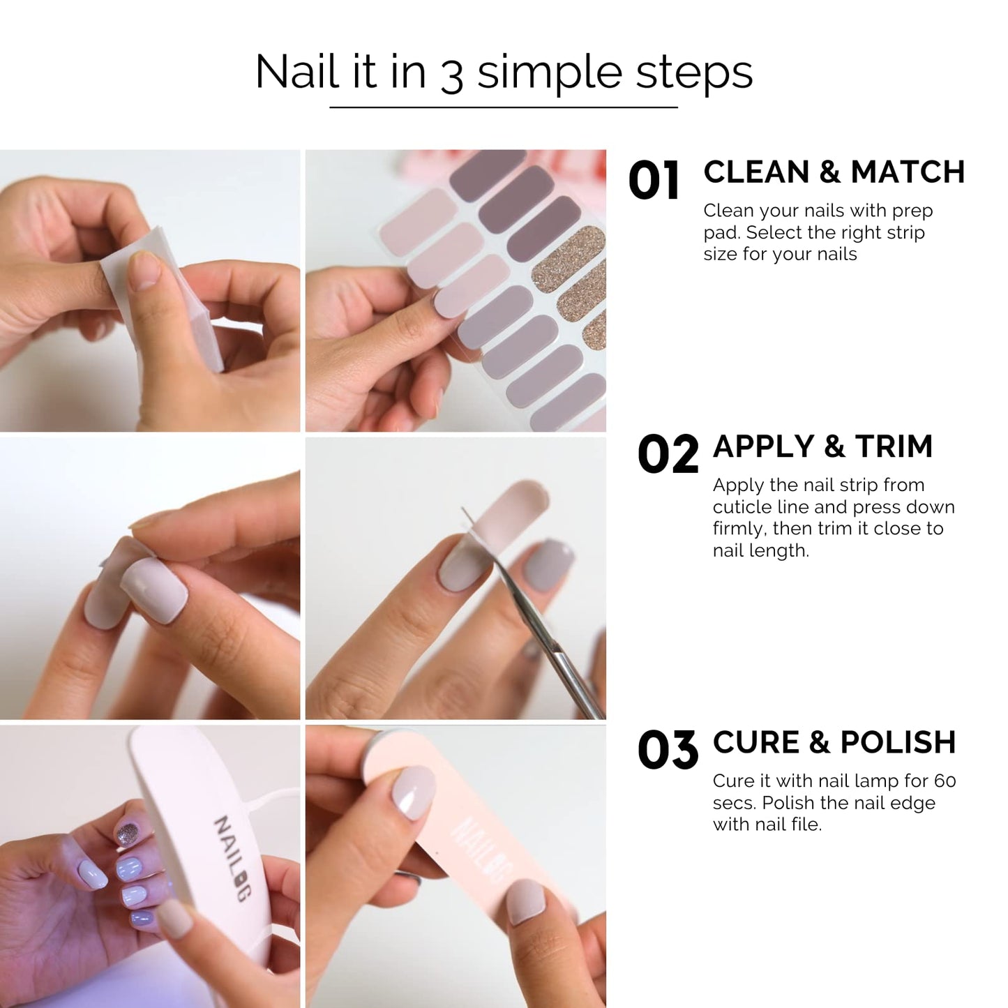 Nailog Semi Cured Gel Nail Strips 34 pcs | Long Lasting Nail Polish Sticker Wraps with Glossy Gel Finish (Black Cat)