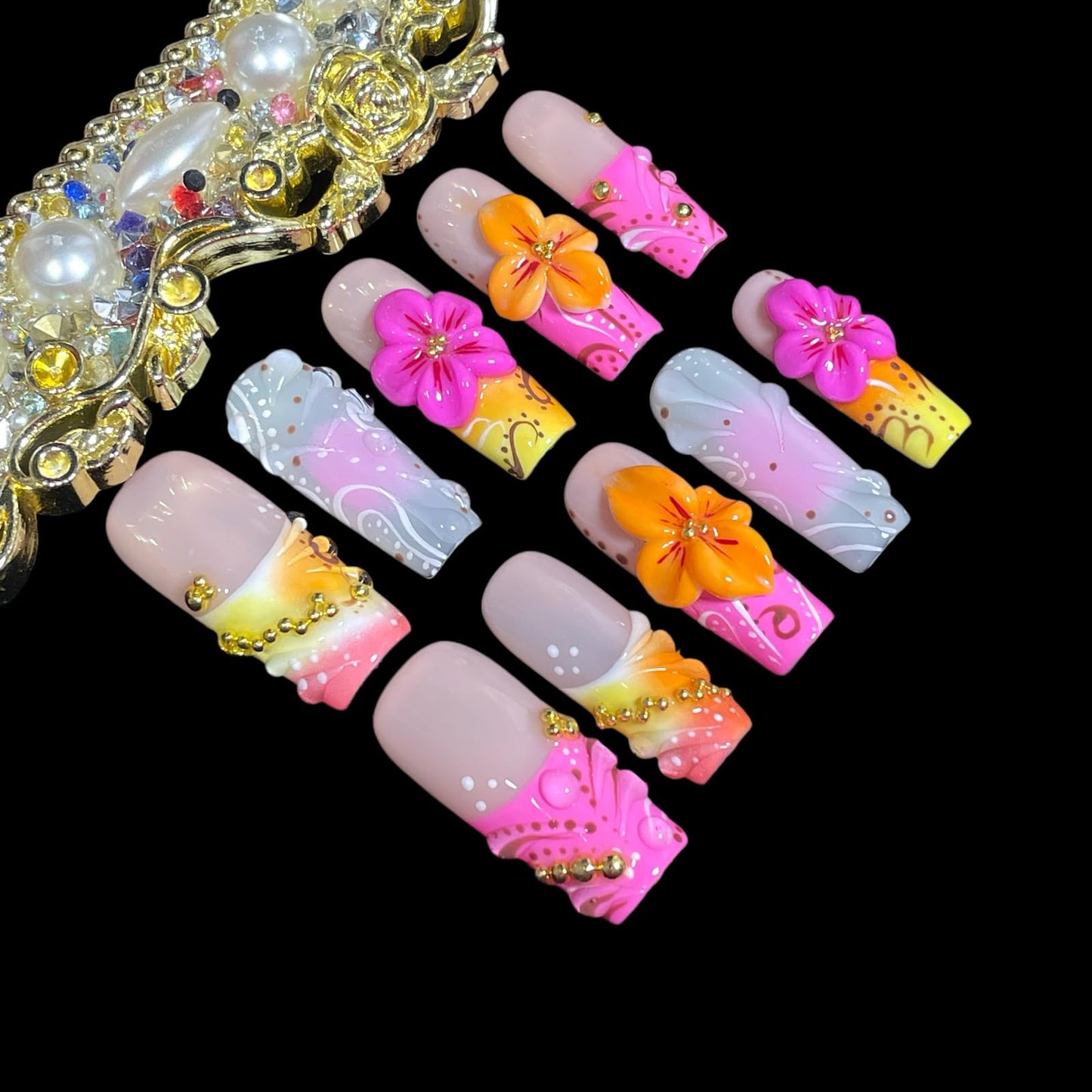 Handmade Press on Nails 3D Floral Medium/Long Square False Nails | Pink & Yellow Gradient | Bohemian Design| Reusable Acrylic Fake Nails (Sunburst, S)
