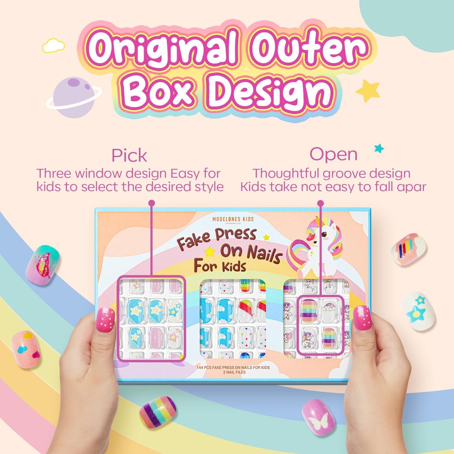 Modelones Press on Nails for Kids 144Pcs 6 Pack Children Acrylic Fake Nails Pre-glue Full Cover Glitter Gradient Color Cloud Heart Short False Nail Art Kits Sets Christmas Gifts for Kids Girls